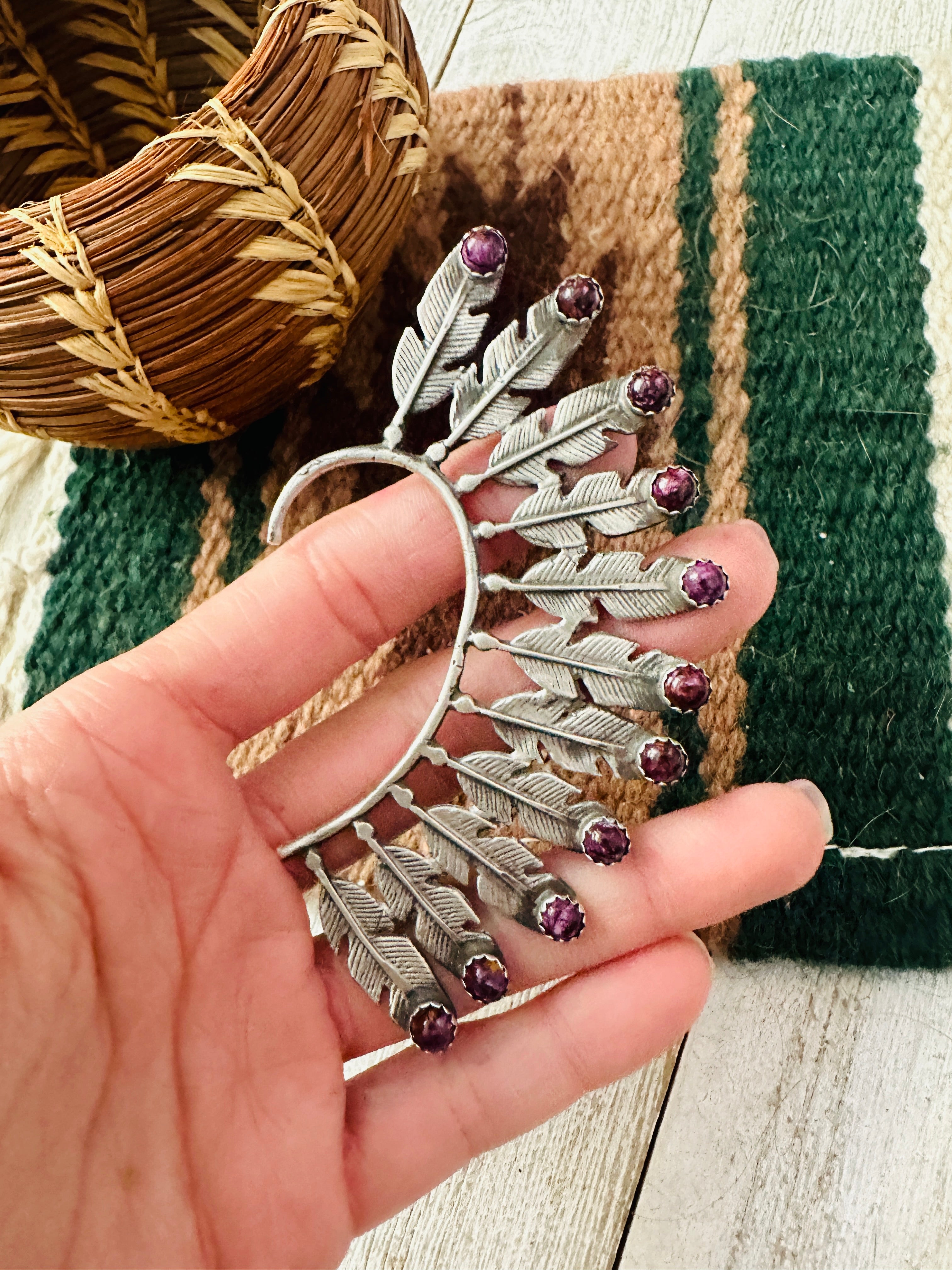 Navajo Purple Spiny & Sterling Silver Feather Cuff Earring (Right Side)