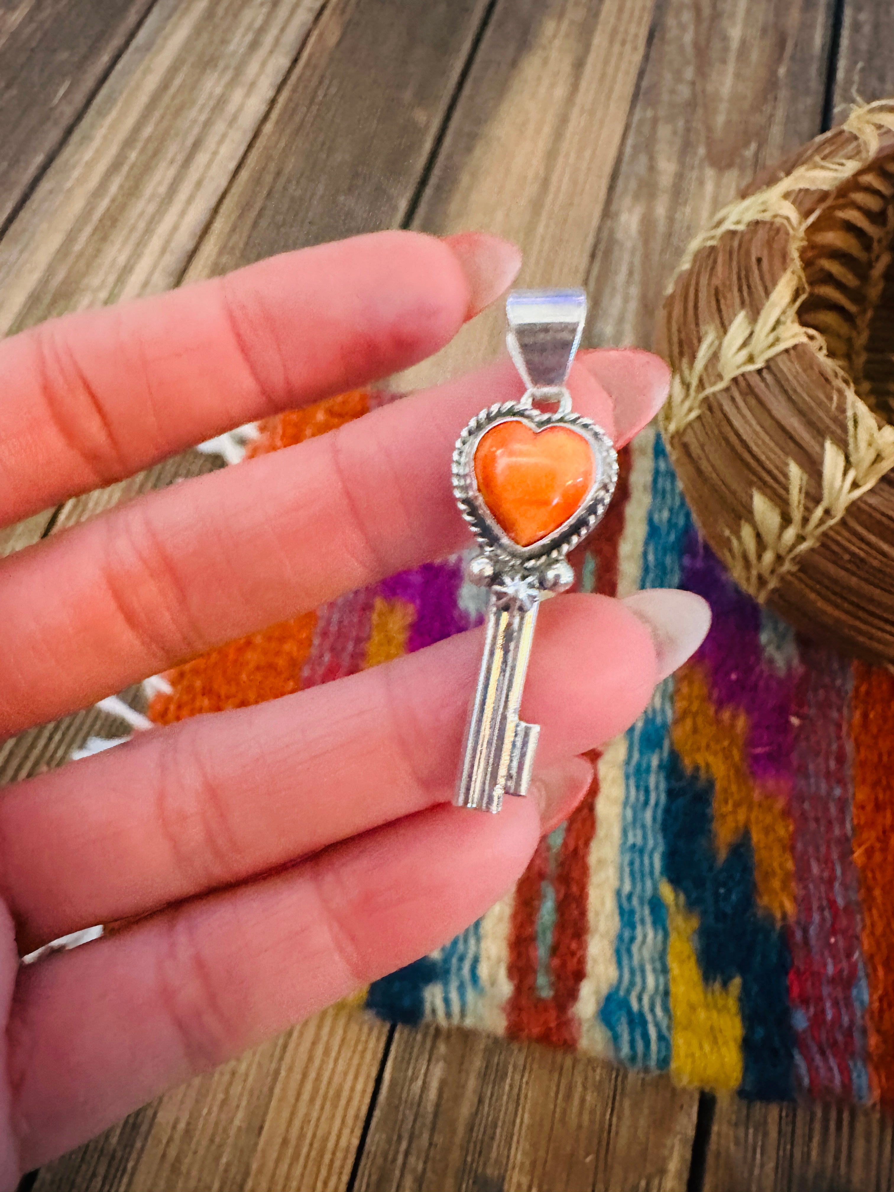 Handcrafted Spiny Oyster & Sterling Silver Heart Key Pendant