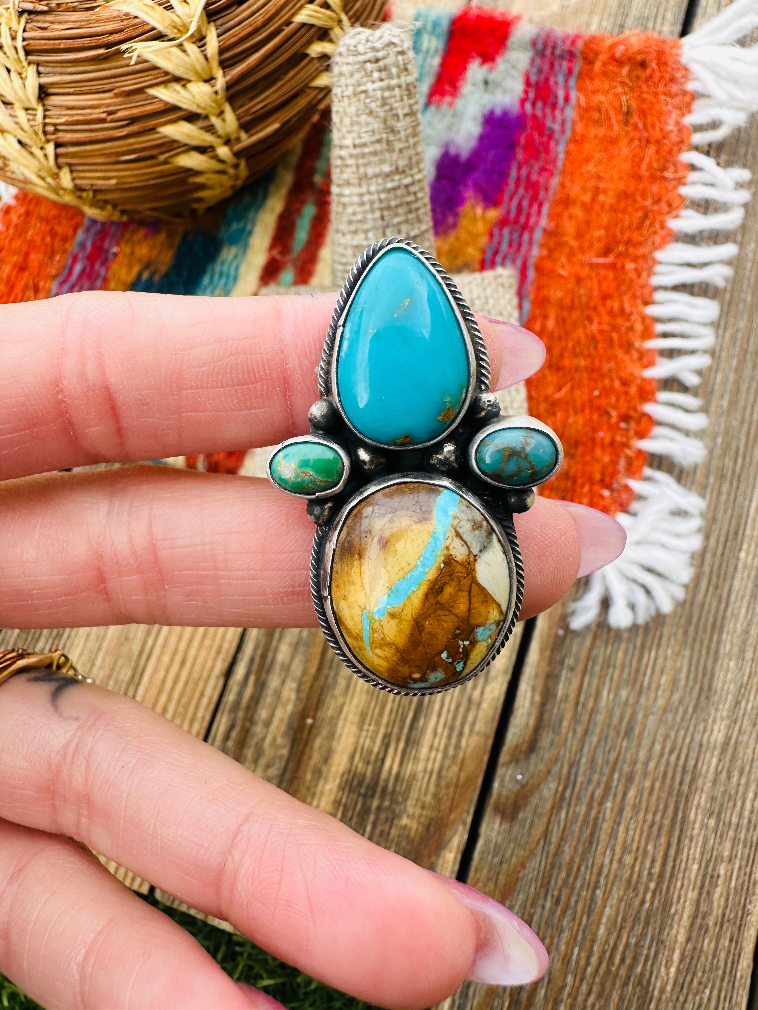 Handcrafted Multi Turquoise & Sterling Silver Adjustable Ring by Travis Jim