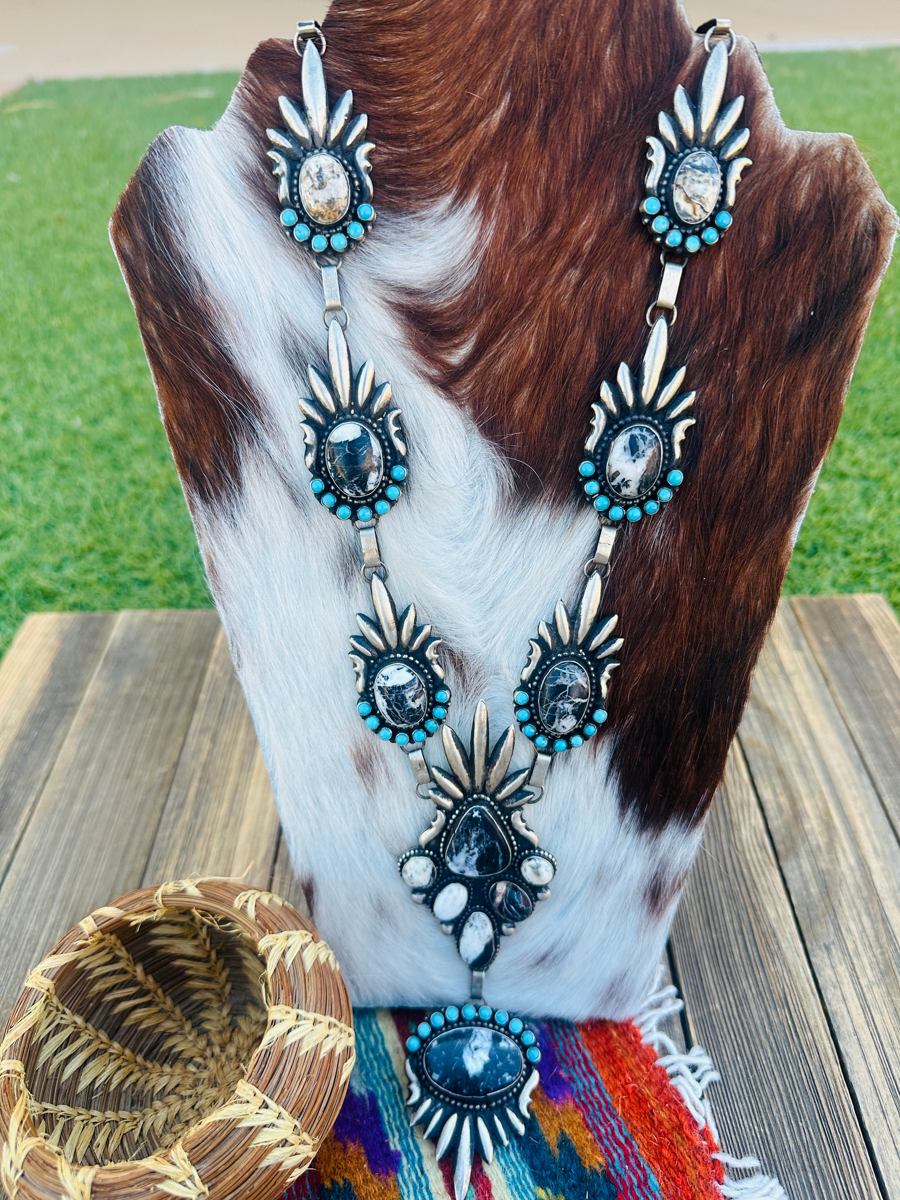 Handcrafted White Buffalo, Turquoise & Sterling Silver Necklace by Shawn Cayatineto