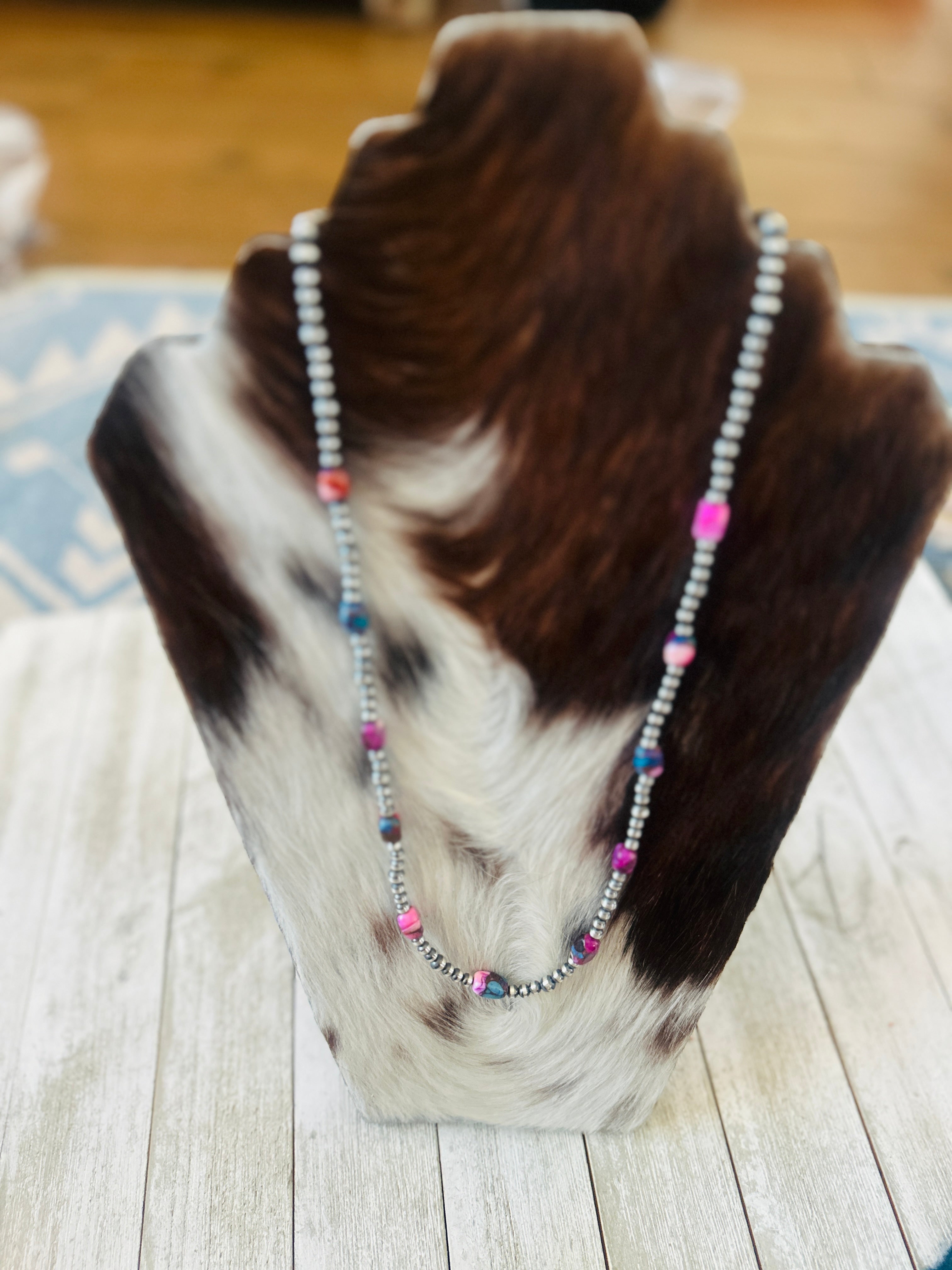 Handcrafted Sterling Silver & Pink Dream Mojave Beaded 24” Necklace