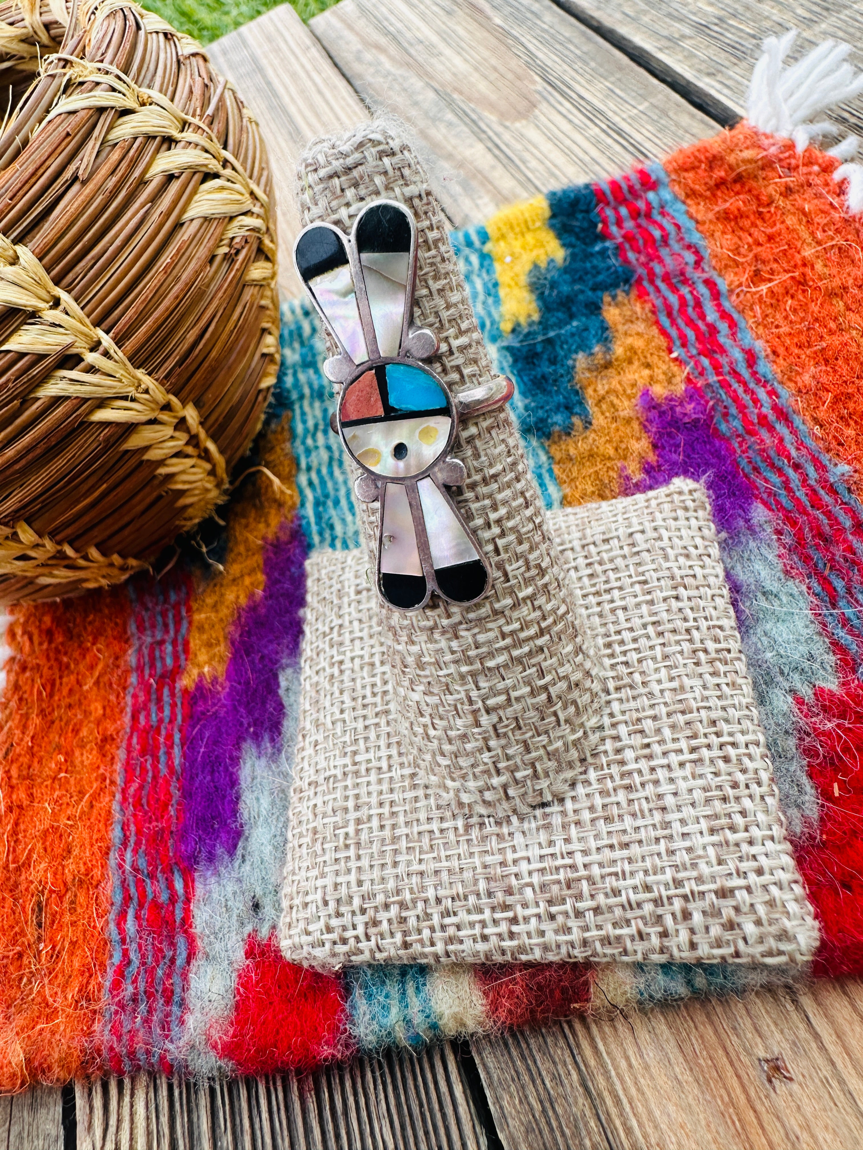 Old Pawn Handcrafted Multi Stone & Sterling Silver Sun Face Ring Size 5.5