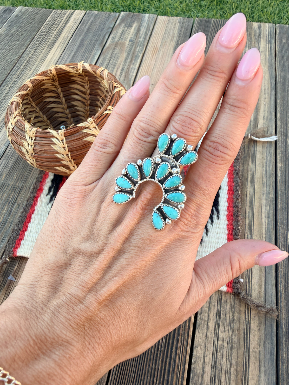 Handcrafted Turquoise & Sterling Silver Naja Cluster Adjustable Ring