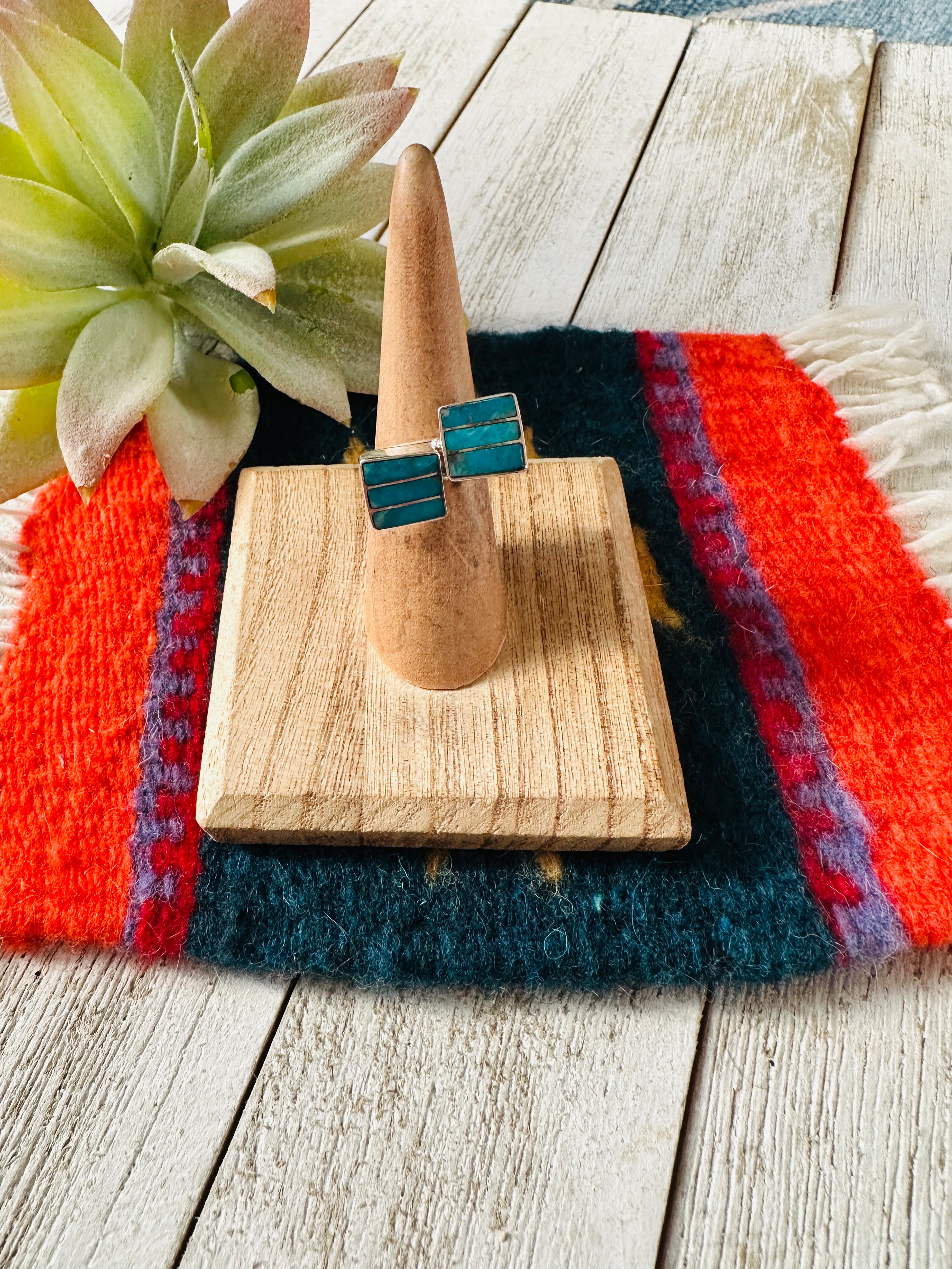 Handcrafted Turquoise & Sterling Silver Inlay Square Adjustable Ring