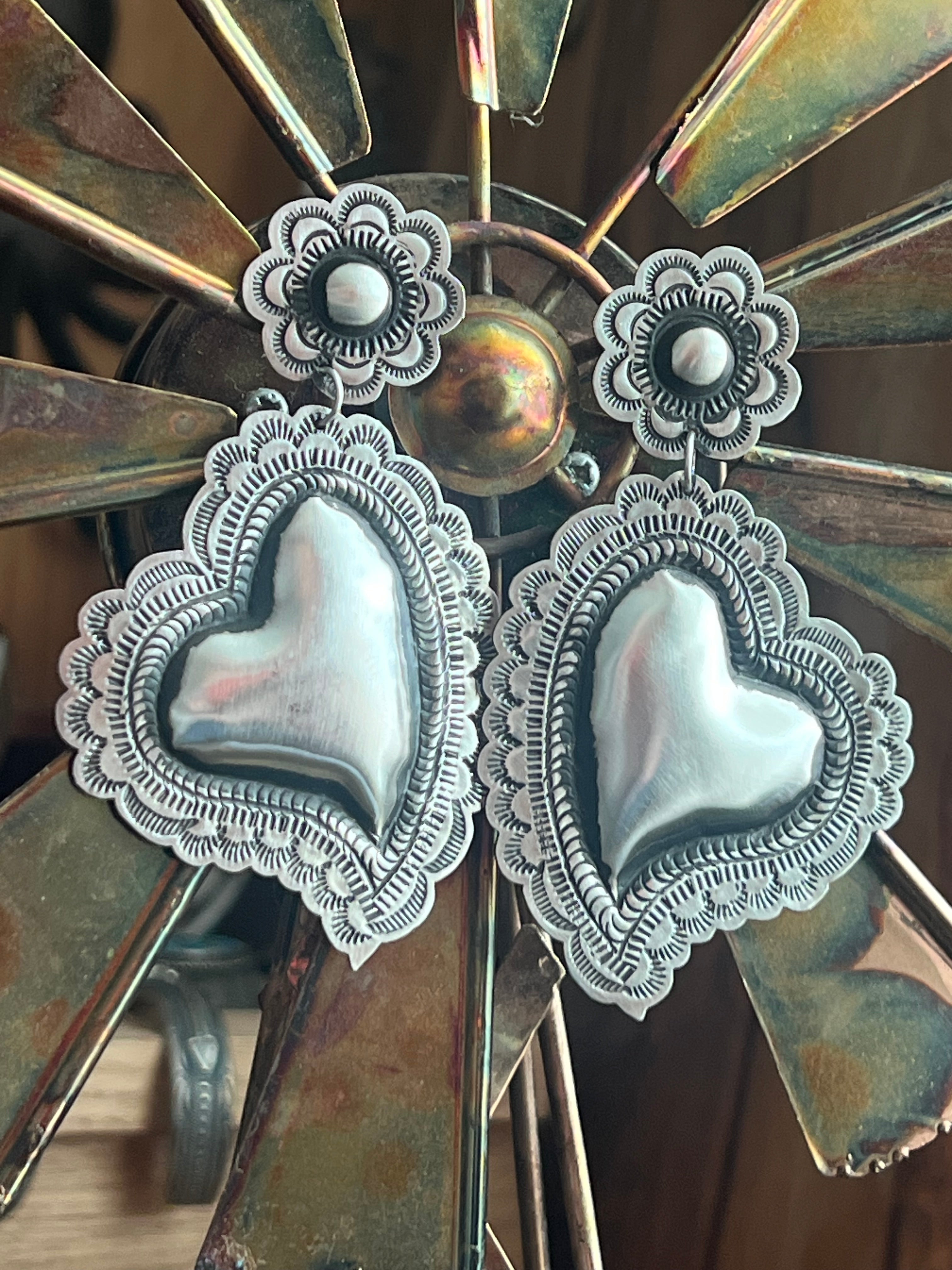 Handcrafted Sterling Silver Stamped Repousse Heart Earrings by Leander Tahe, AH2