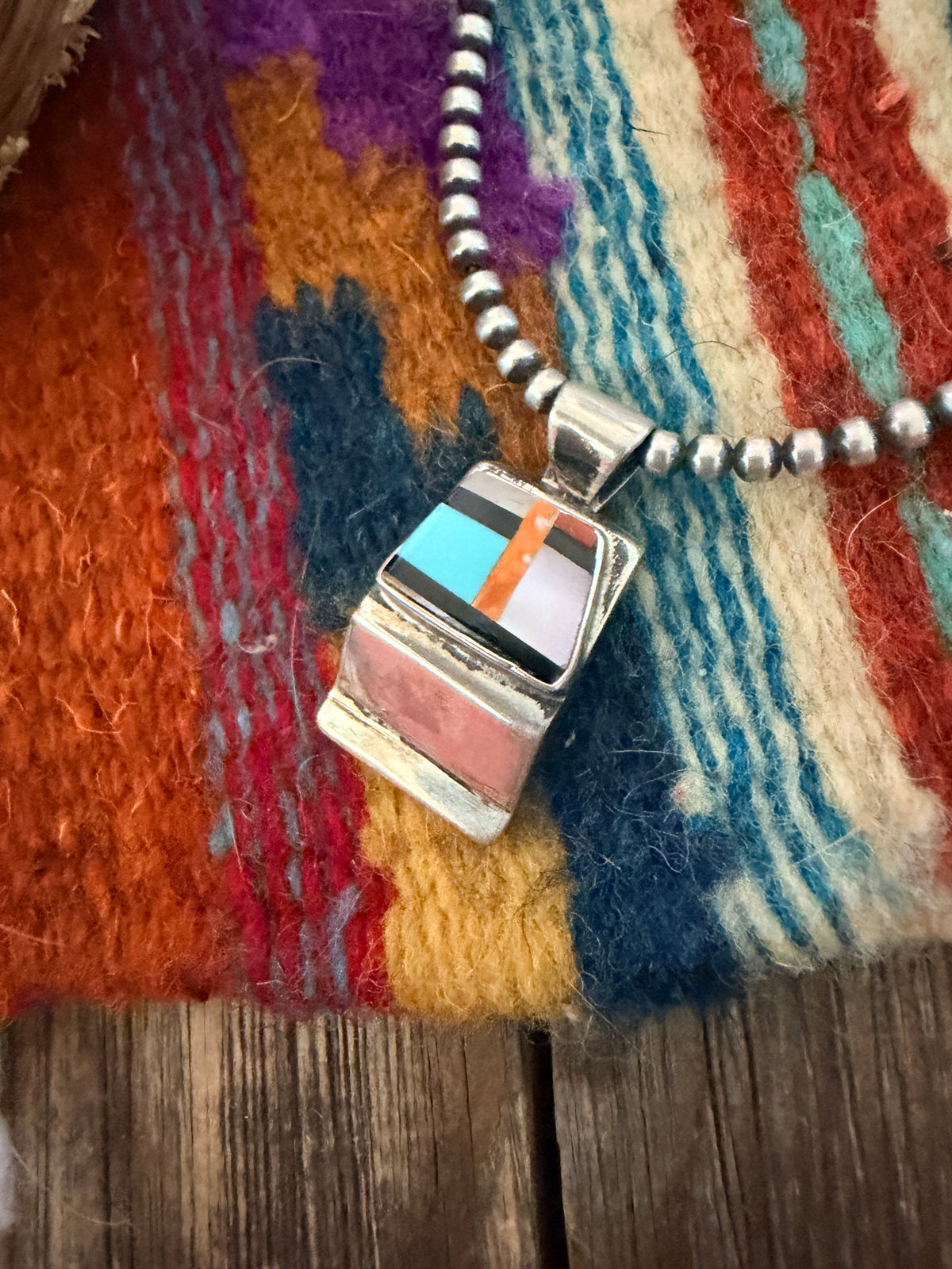 Old Pawn Handcrafted Multi Stone & Sterling Silver Inlay Pendant