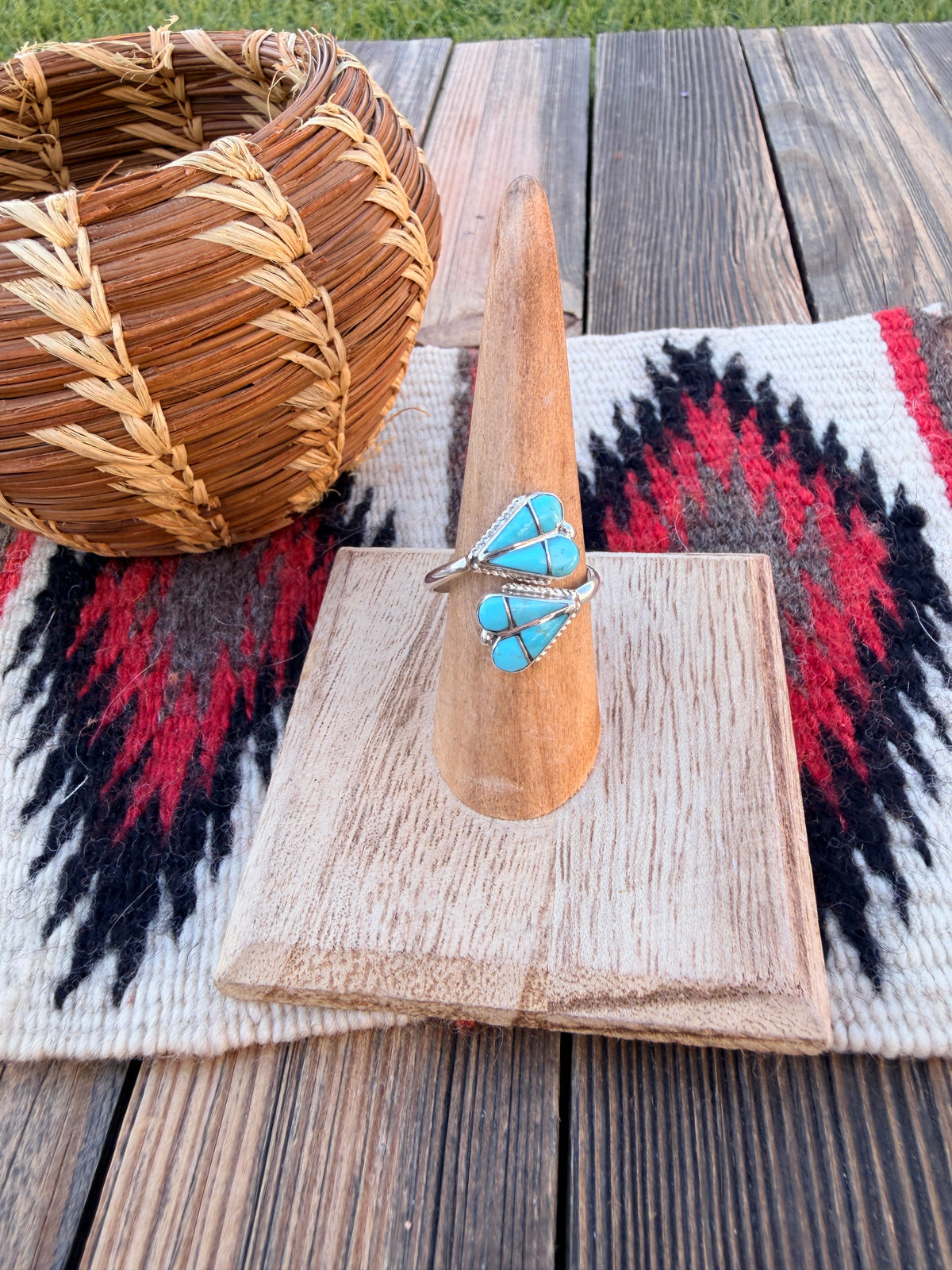 Handcrafted Turquoise & Sterling Silver Inlay Heart Adjustable Ring
