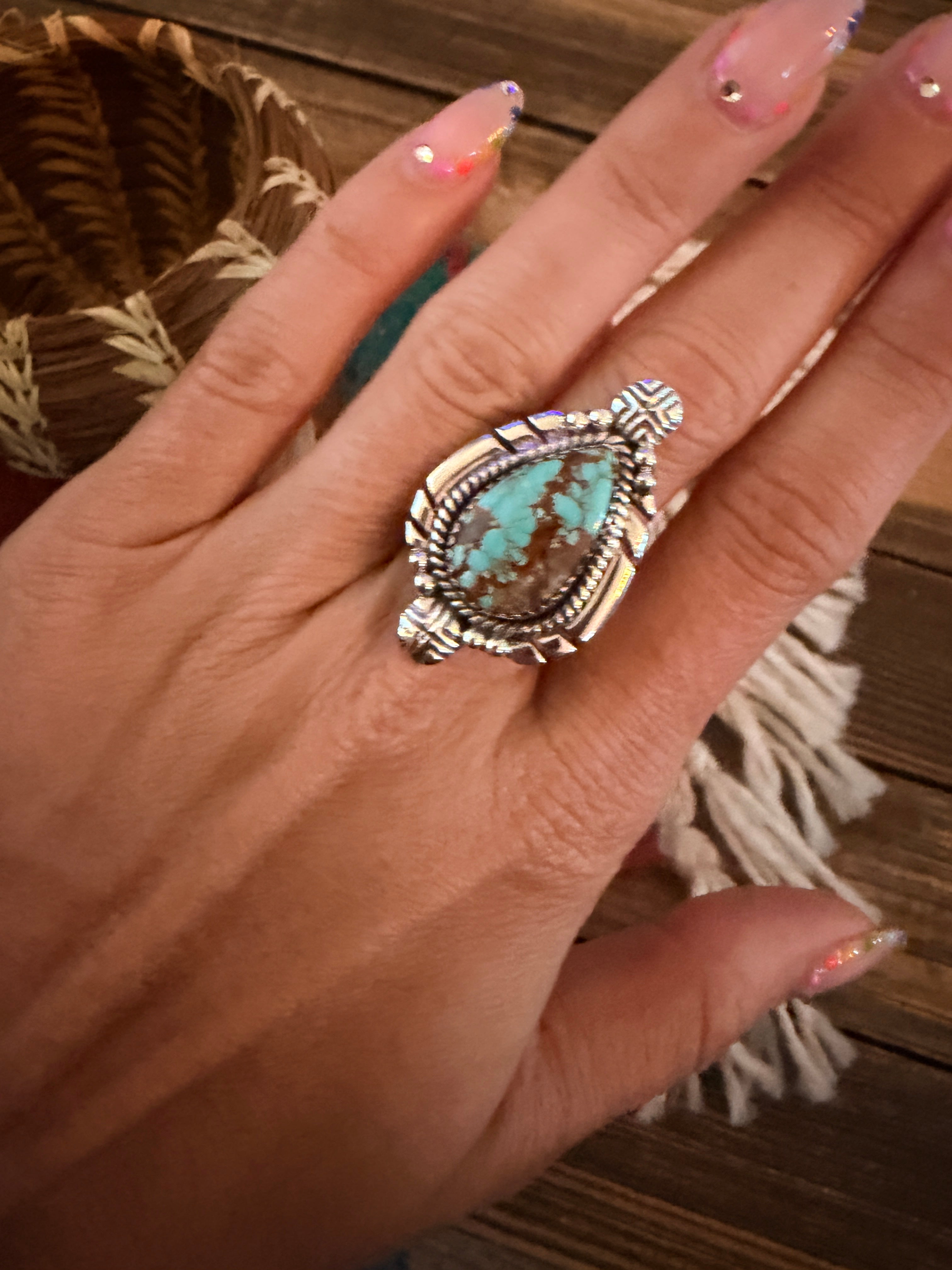 Handmade Sterling Silver Number 8 Turquoise Adjustable Ring Signed Nizhoni