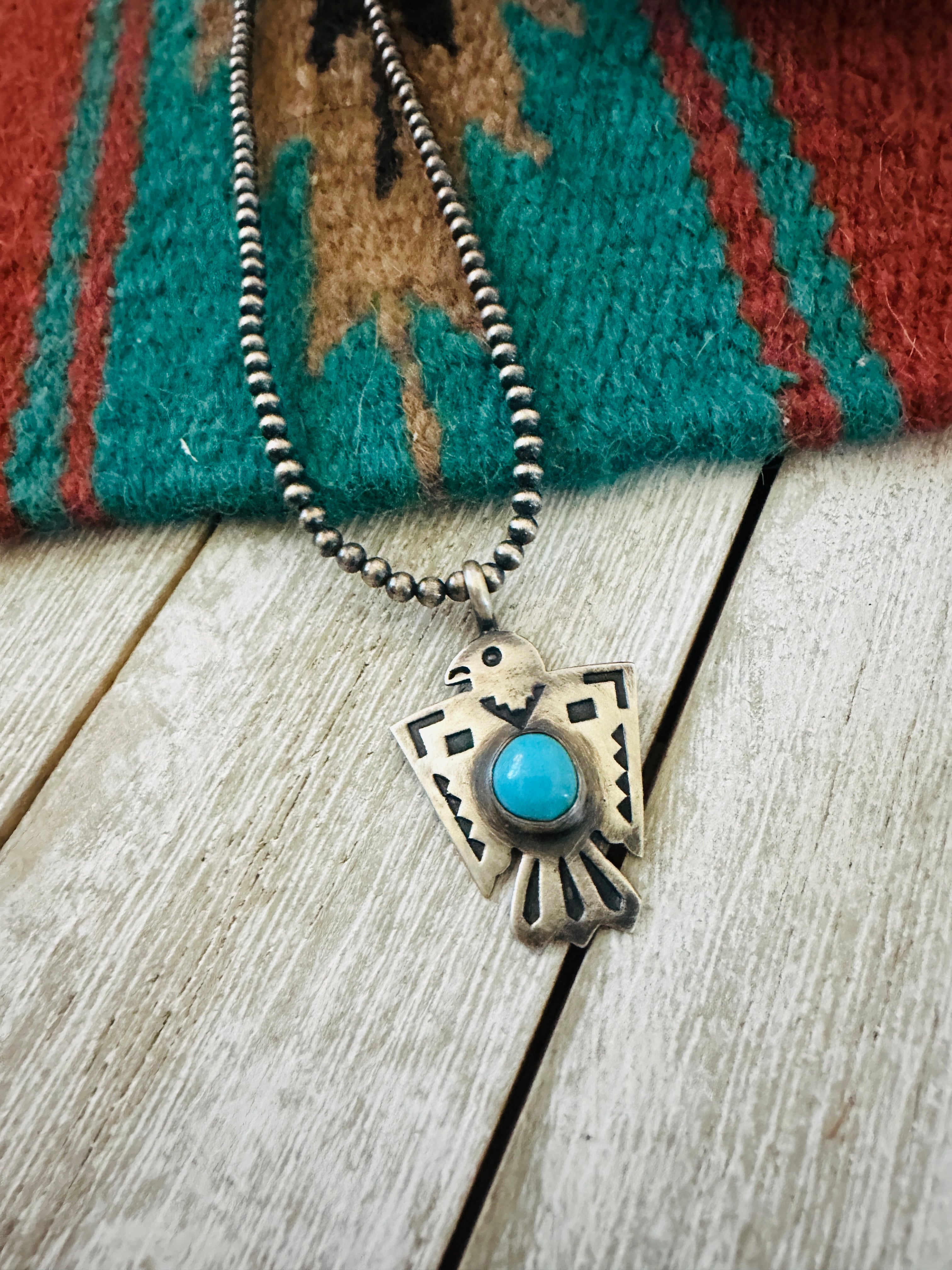 Handcrafted Turquoise & Sterling Silver Pearl Beaded Thunderbird Necklace