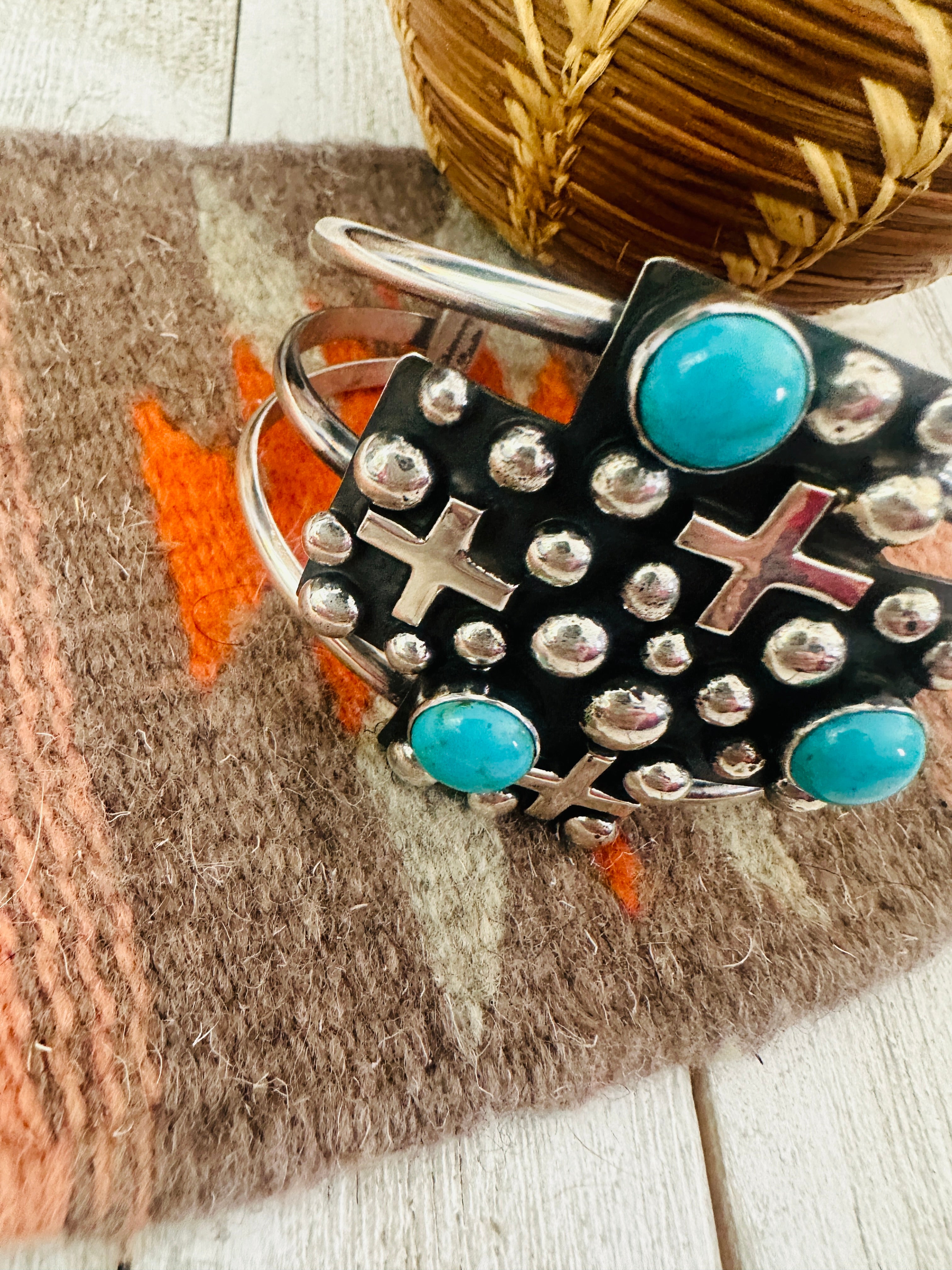 Navajo Turquoise & Sterling Silver Cross Cuff Bracelet By Chimney Butte /