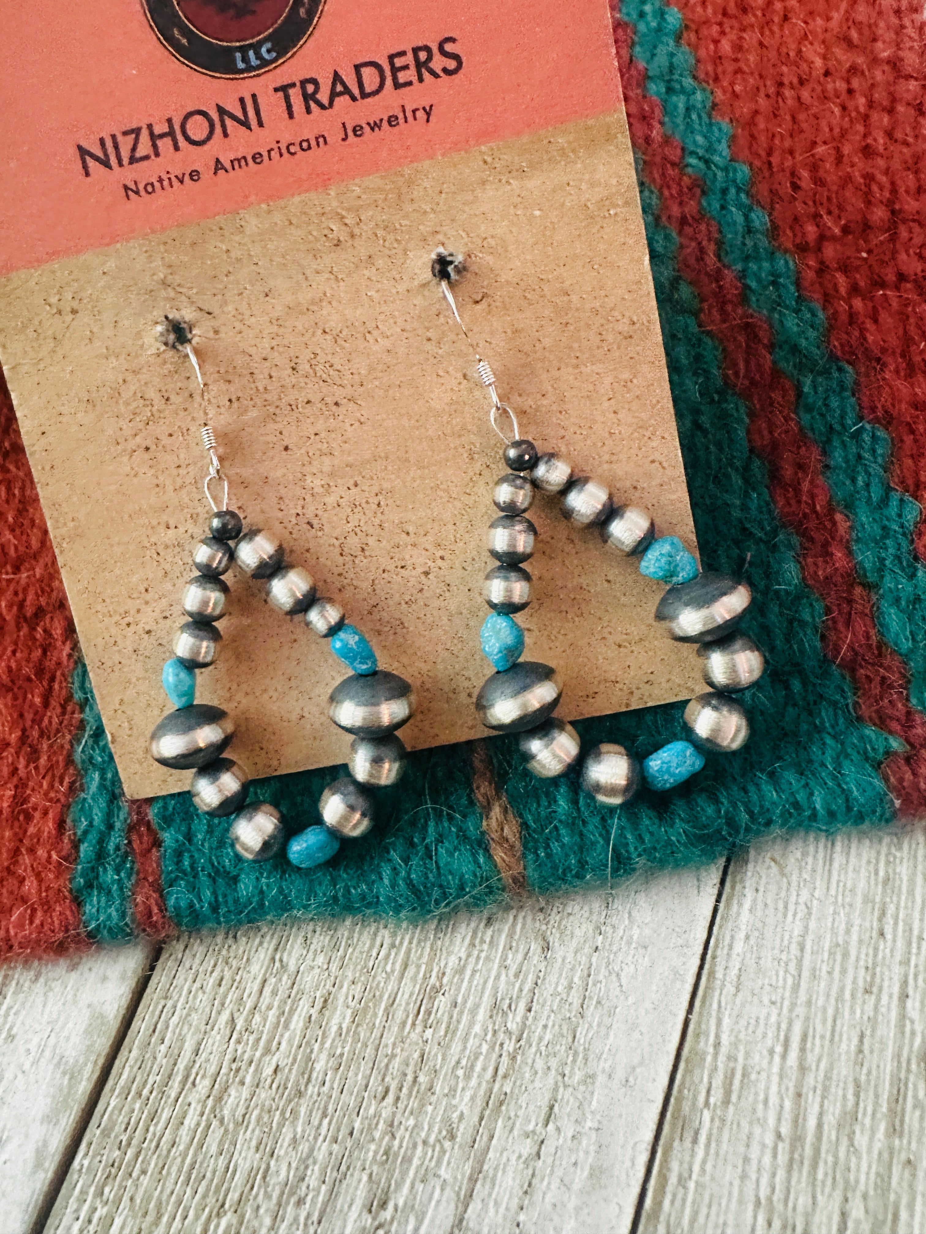 Handcrafted Turquoise & Sterling Silver Beaded Dangle Hoop Earrings