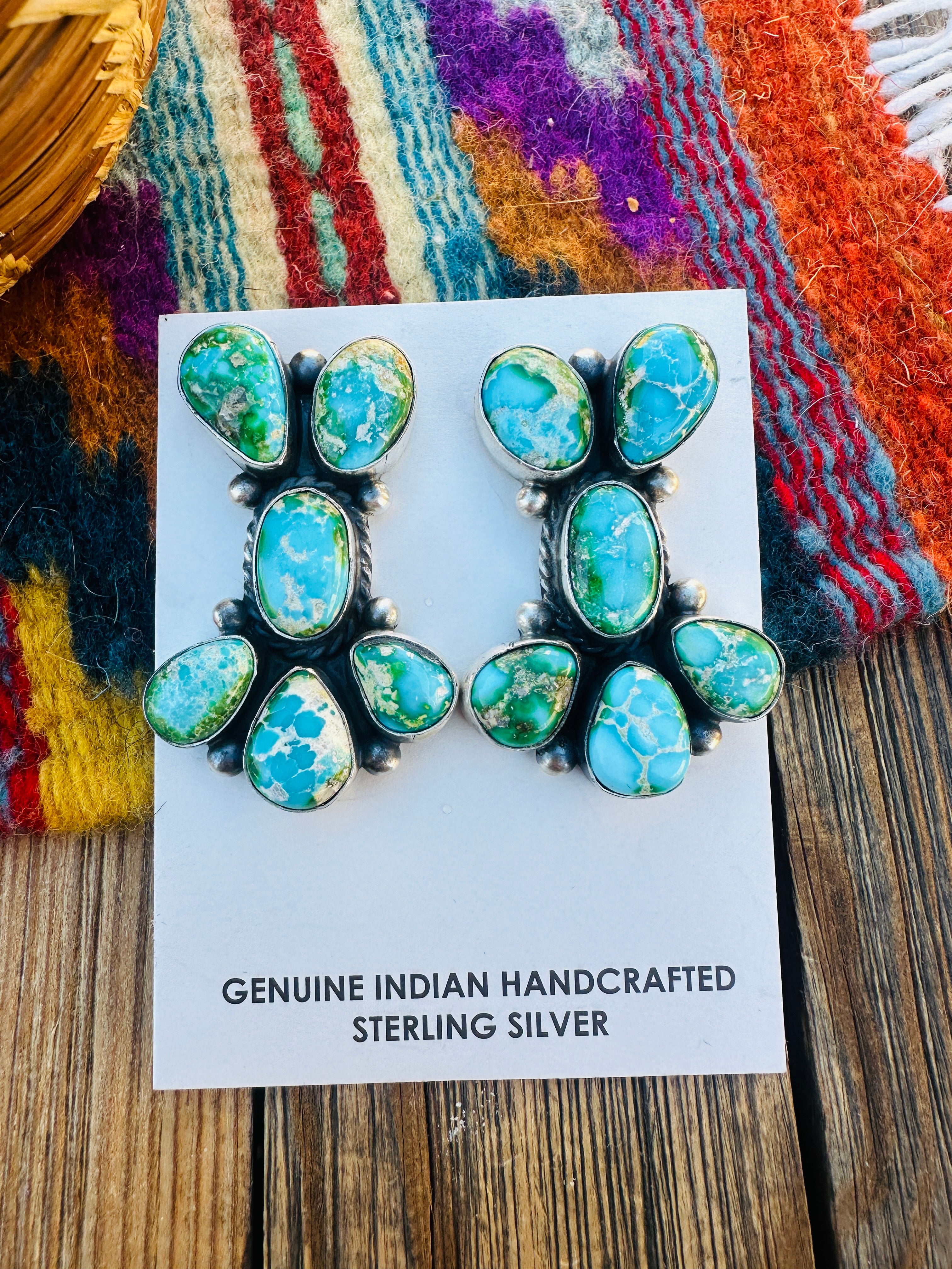 Handcrafted Sonoran Mountain Turquoise & Sterling Silver Cluster Post Earrings by Debra Smith