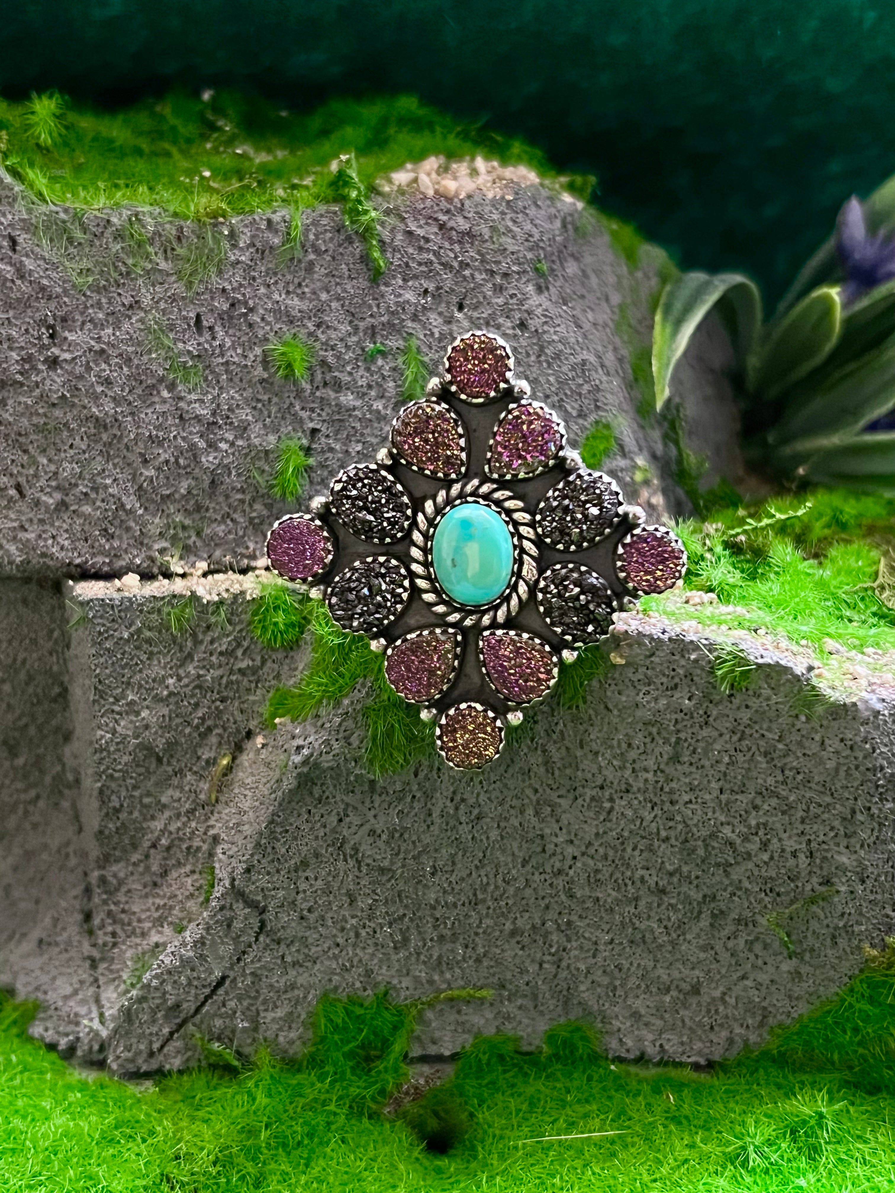 Handmade Turquoise With Purple & Black Druzy Cluster Sterling Silver Adjustable Ring