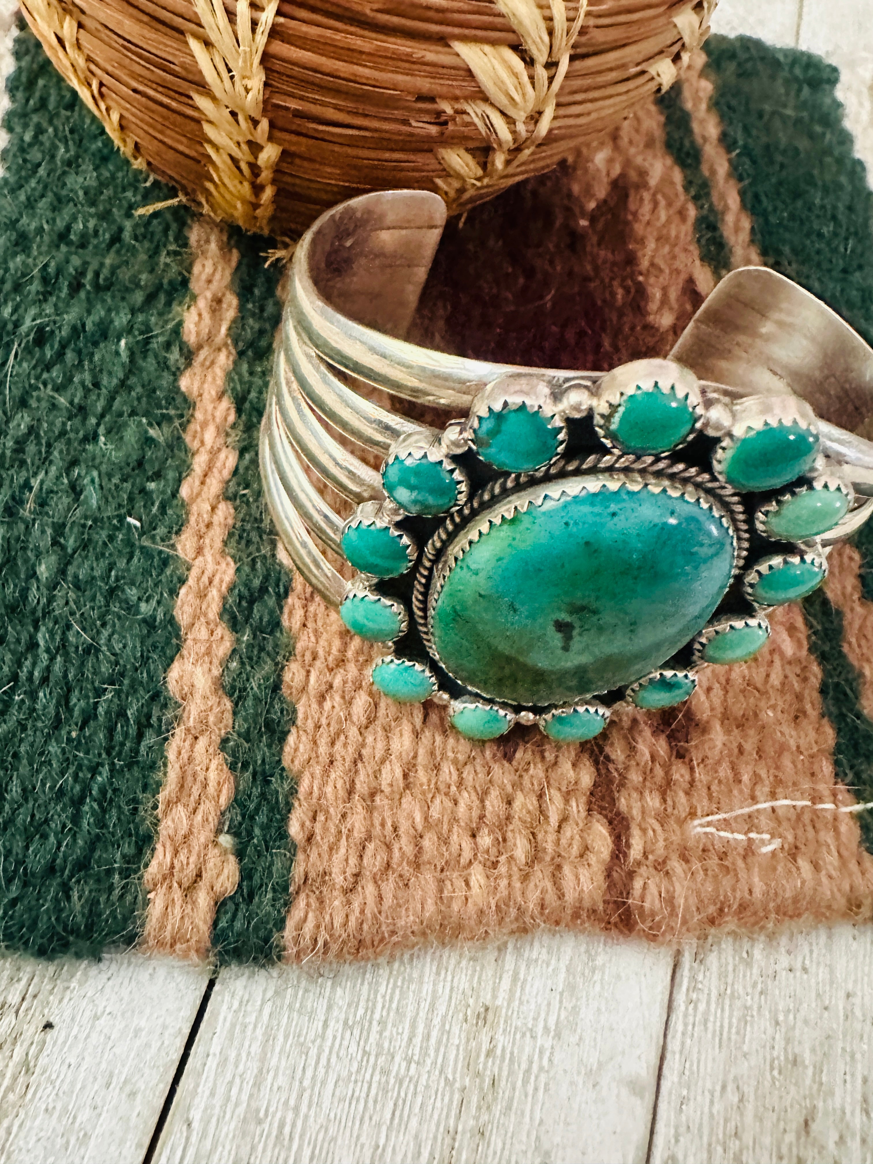 Handcrafted Old Pawn Turquoise & Sterling Silver Cluster Cuff Bracelet