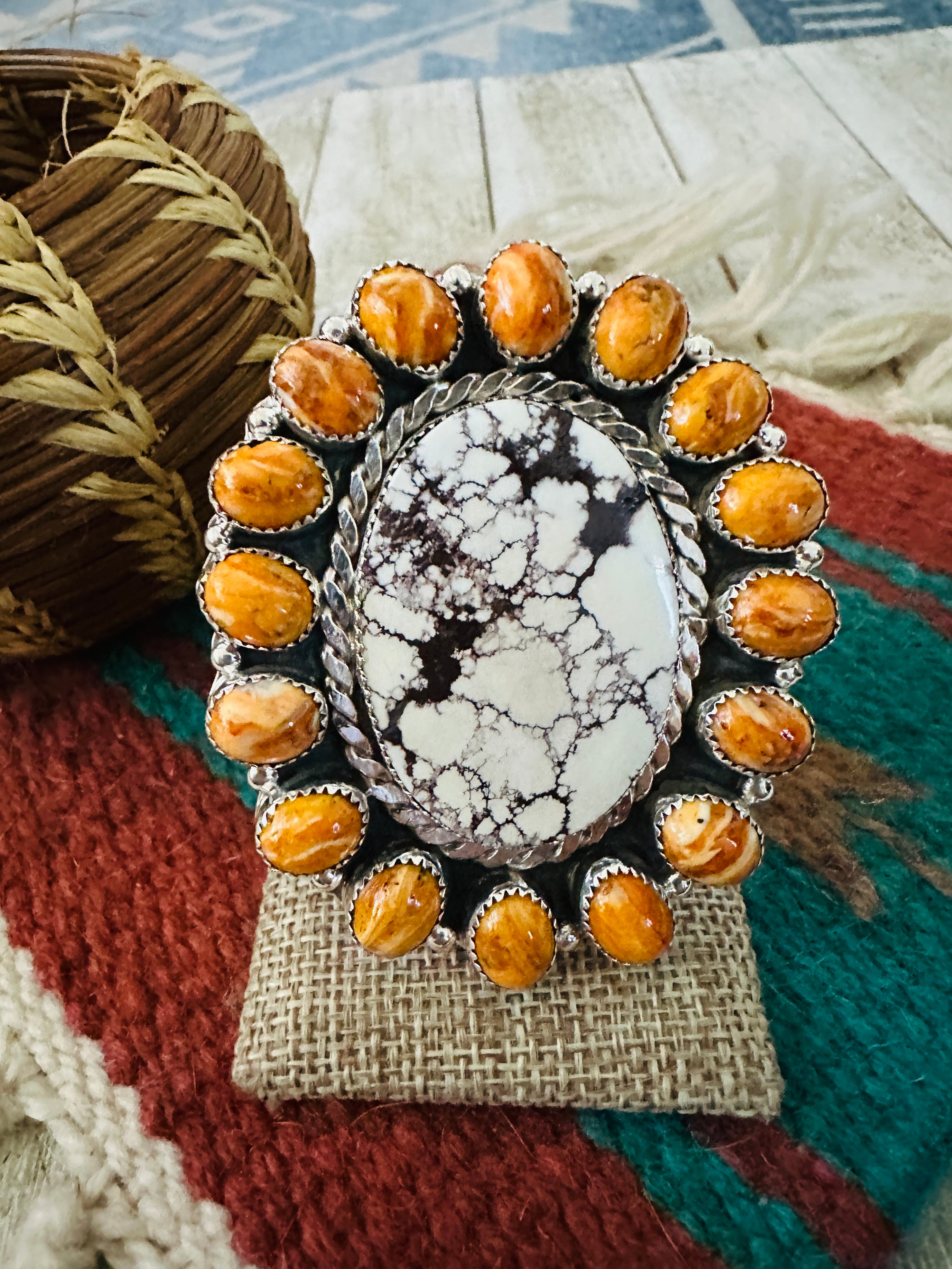 Handcrafted Wild Horse, Spiny Oyster & Sterling Silver Cluster Ring Size 9.5