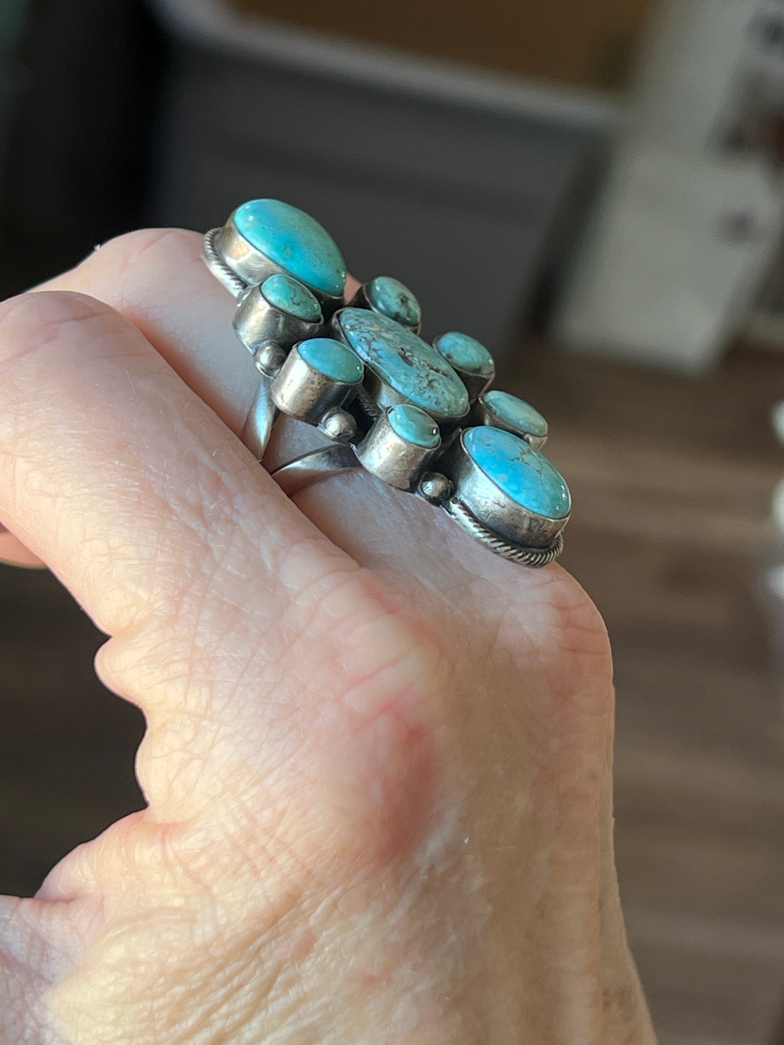 Handcrafted Sterling Silver and Natural Campitos Turquoise Cluster Ring by Sheila Becenti, Size 8.75