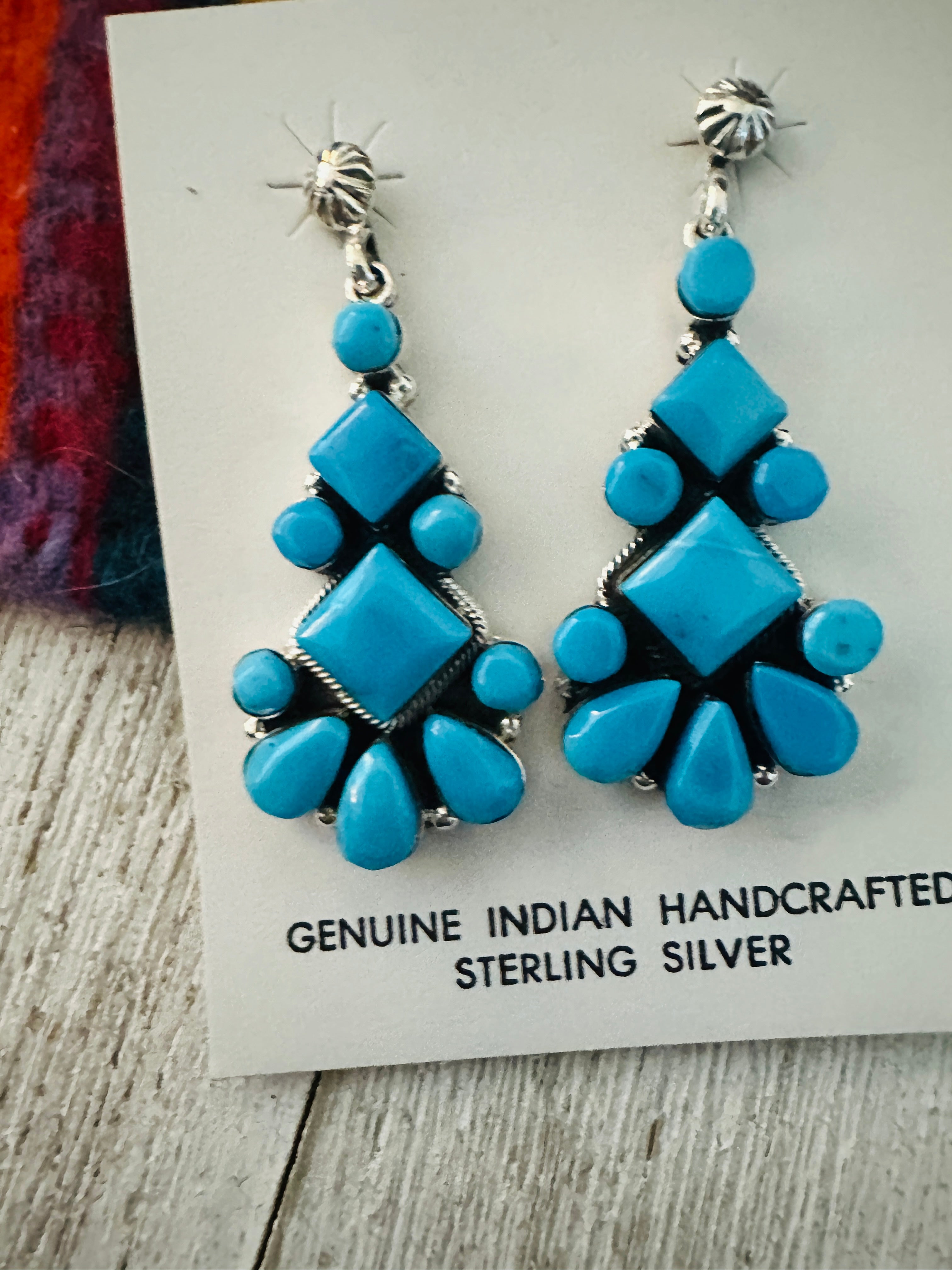 Handcrafted Sterling Silver & Turquoise Cluster Dangle Earrings