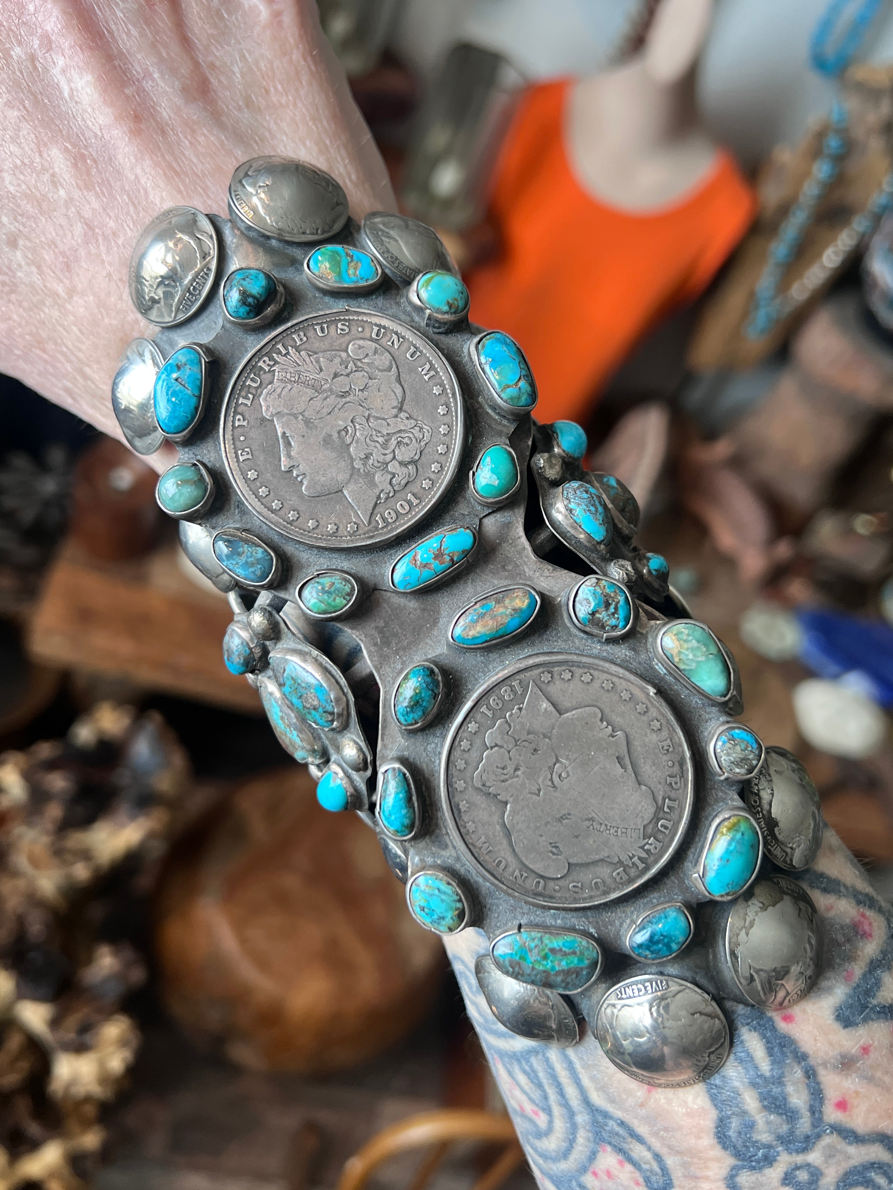 Insane Old Pawn Sterling Silver, Morgan Dollar, Buffalo Nickel and Turquoise Cuff Bracelet