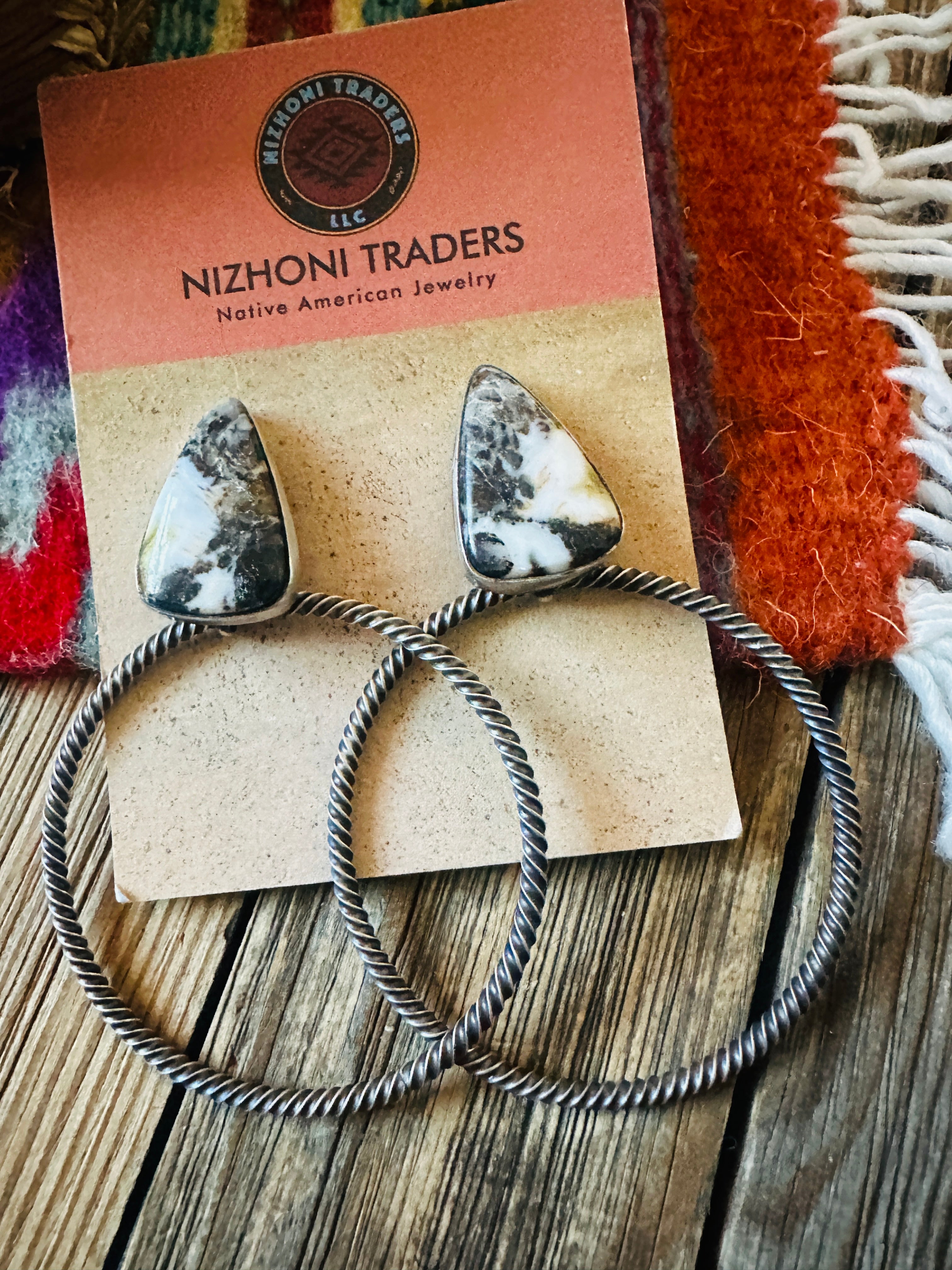 Handcrafted White Buffalo & Sterling Silver Dangle Hoop Earrings