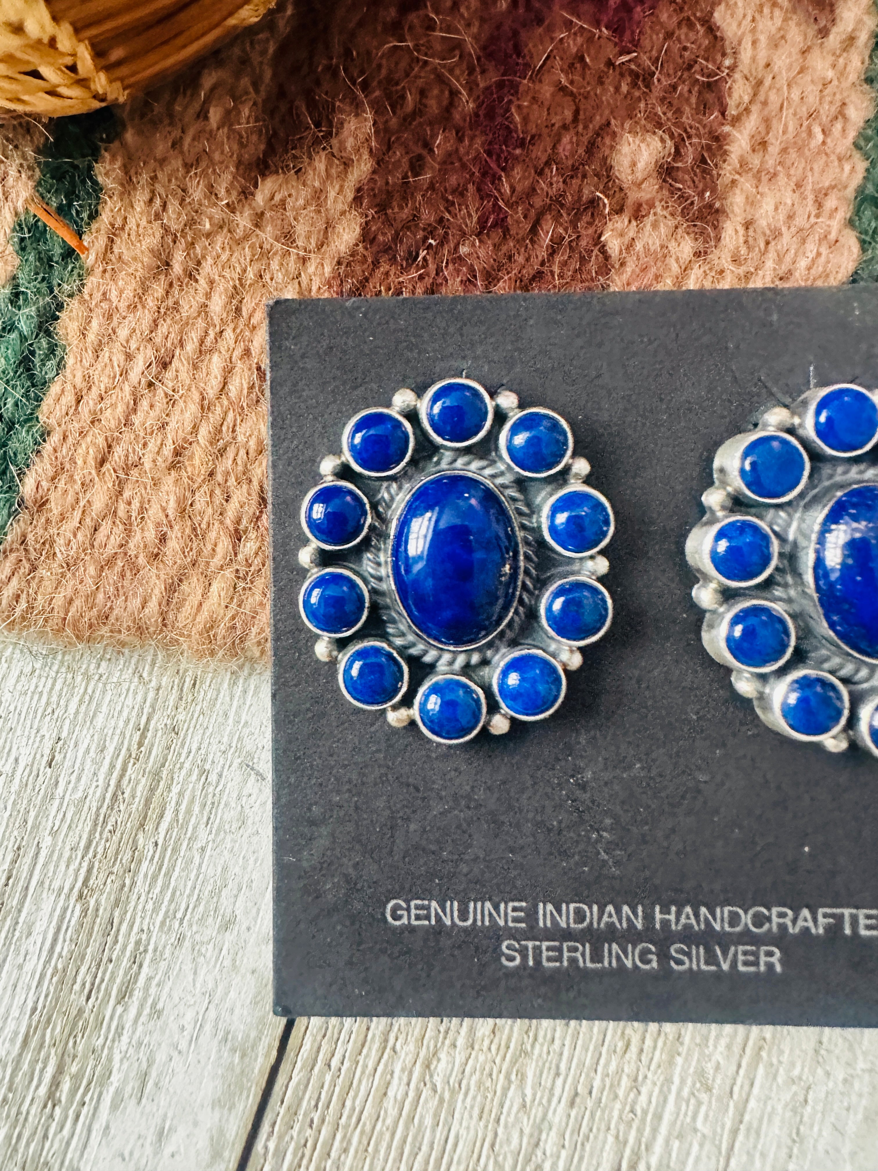 Handcrafted Old Pawn Lapis and Sterling Silver Cluster Clip On Earrings
