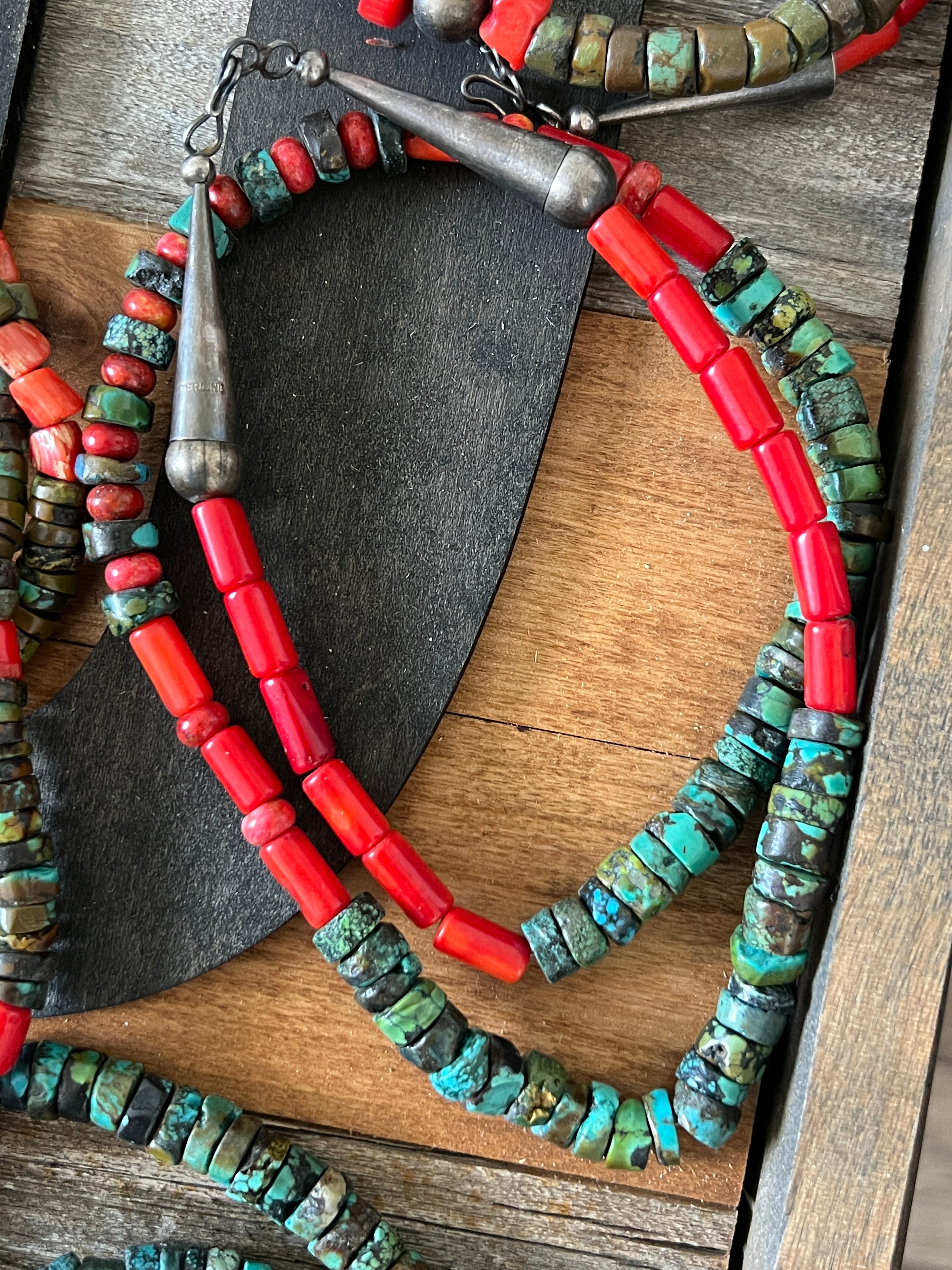 Handcrafted Hubei Turquoise Beaded Necklace with Sterling Silver and Bamboo Coral by Kirby Smith: 13 To Choose From!