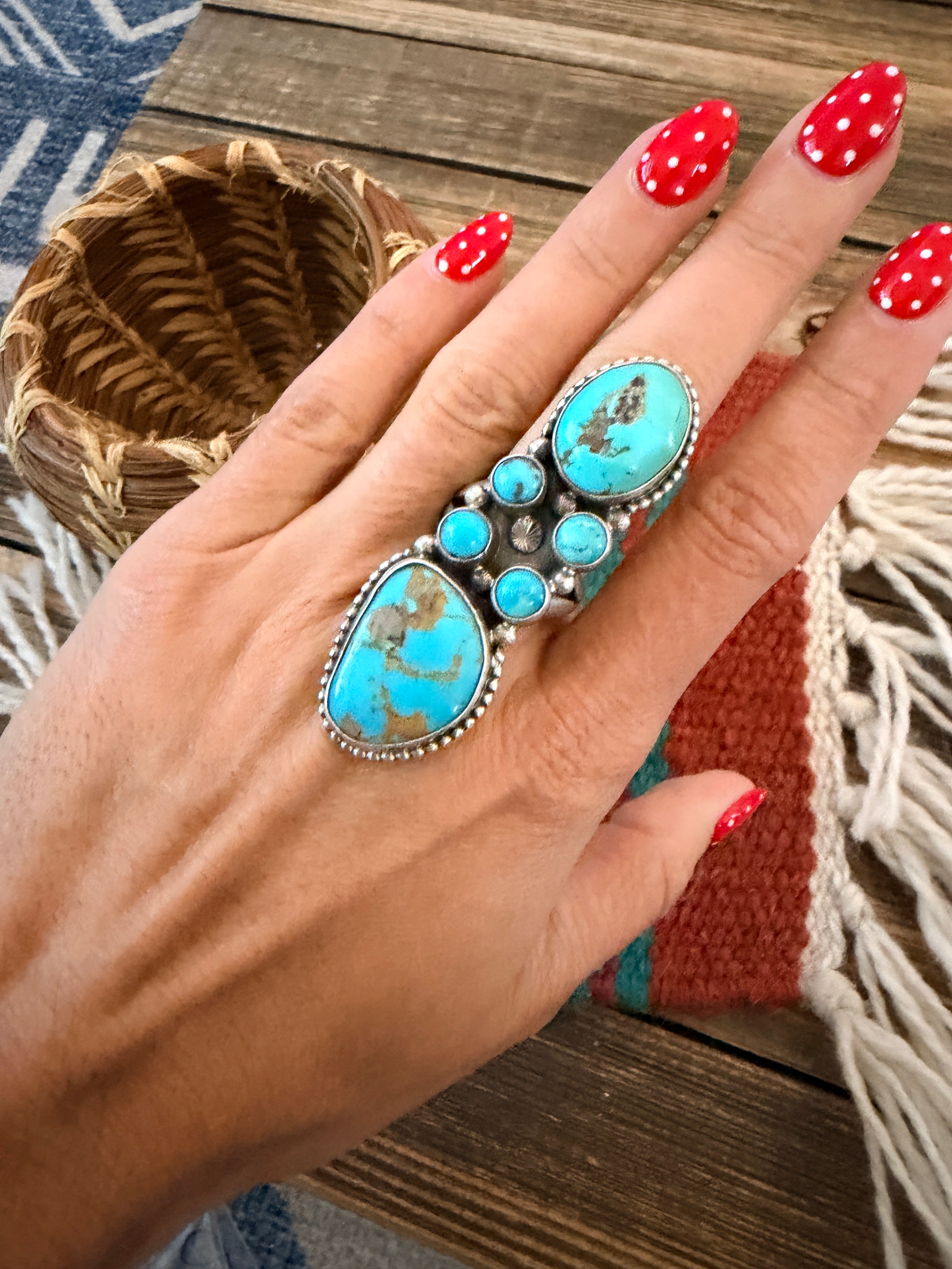 Handcrafted Kingman Turquoise & Sterling Silver Cluster Ring Size 8 by Sheila Becenti