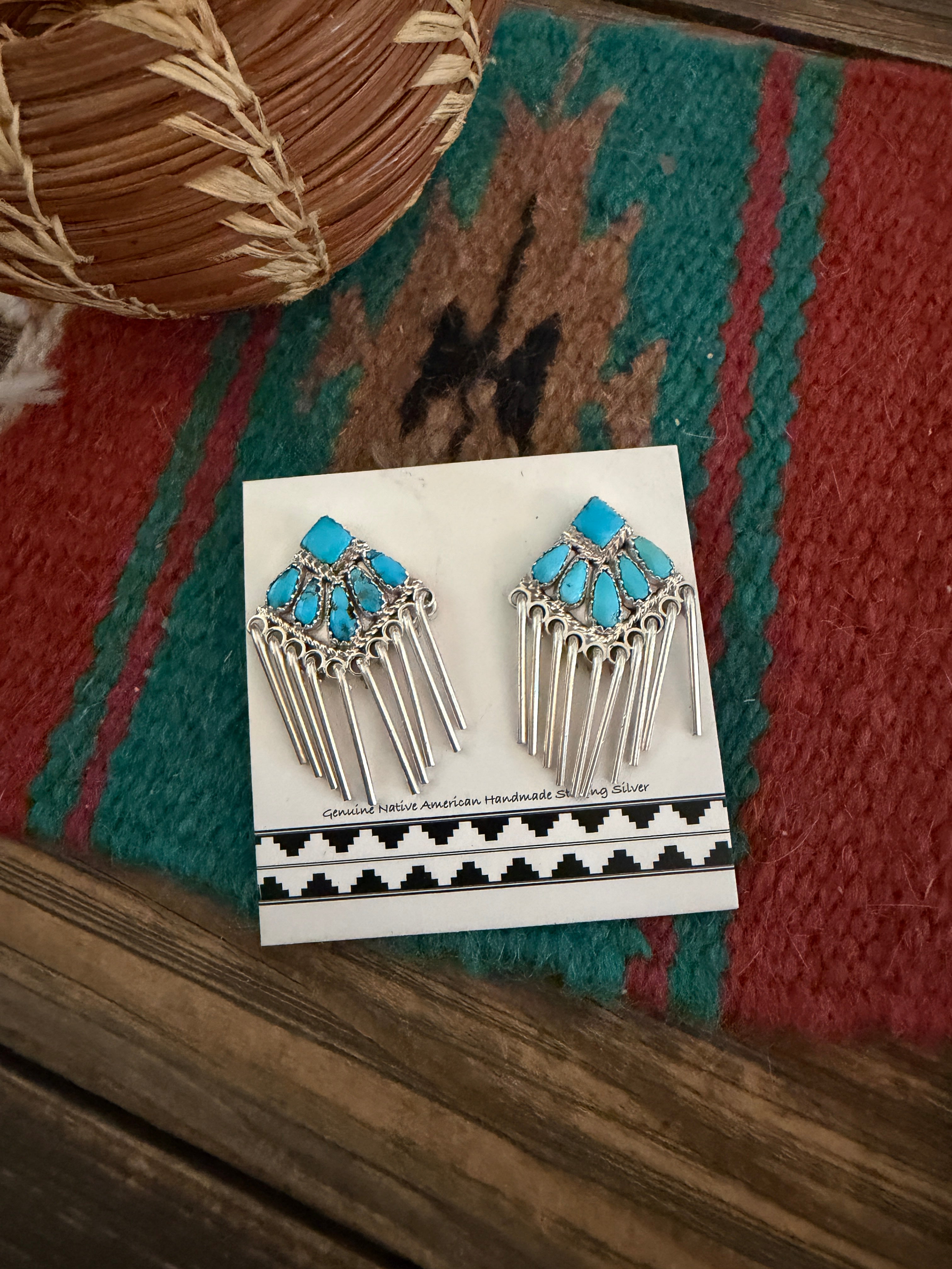 Handcrafted Turquoise and Sterling Silver Cluster Tassel Dangle Earrings