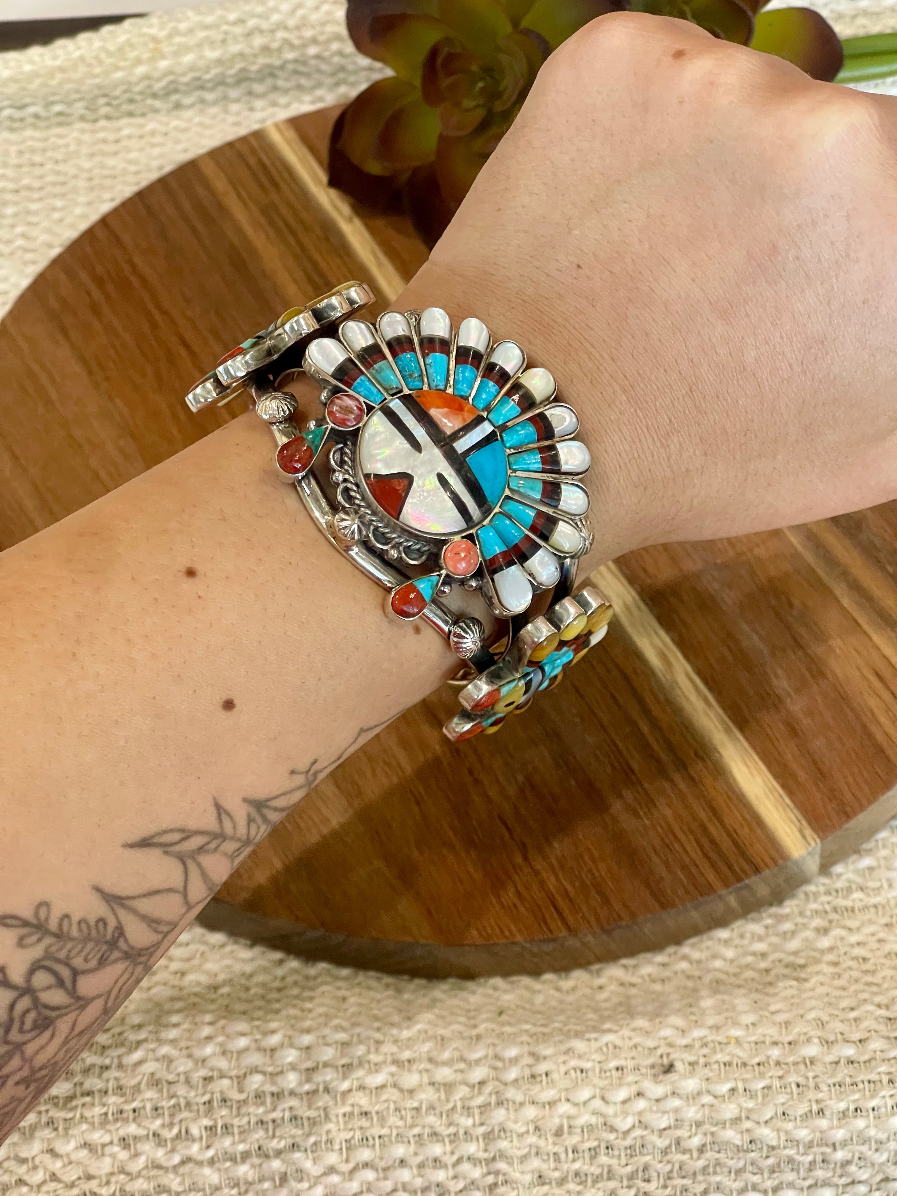 Handmade Sterling Silver & Multistone Sun Face Adjustable Cuff Bracelet /