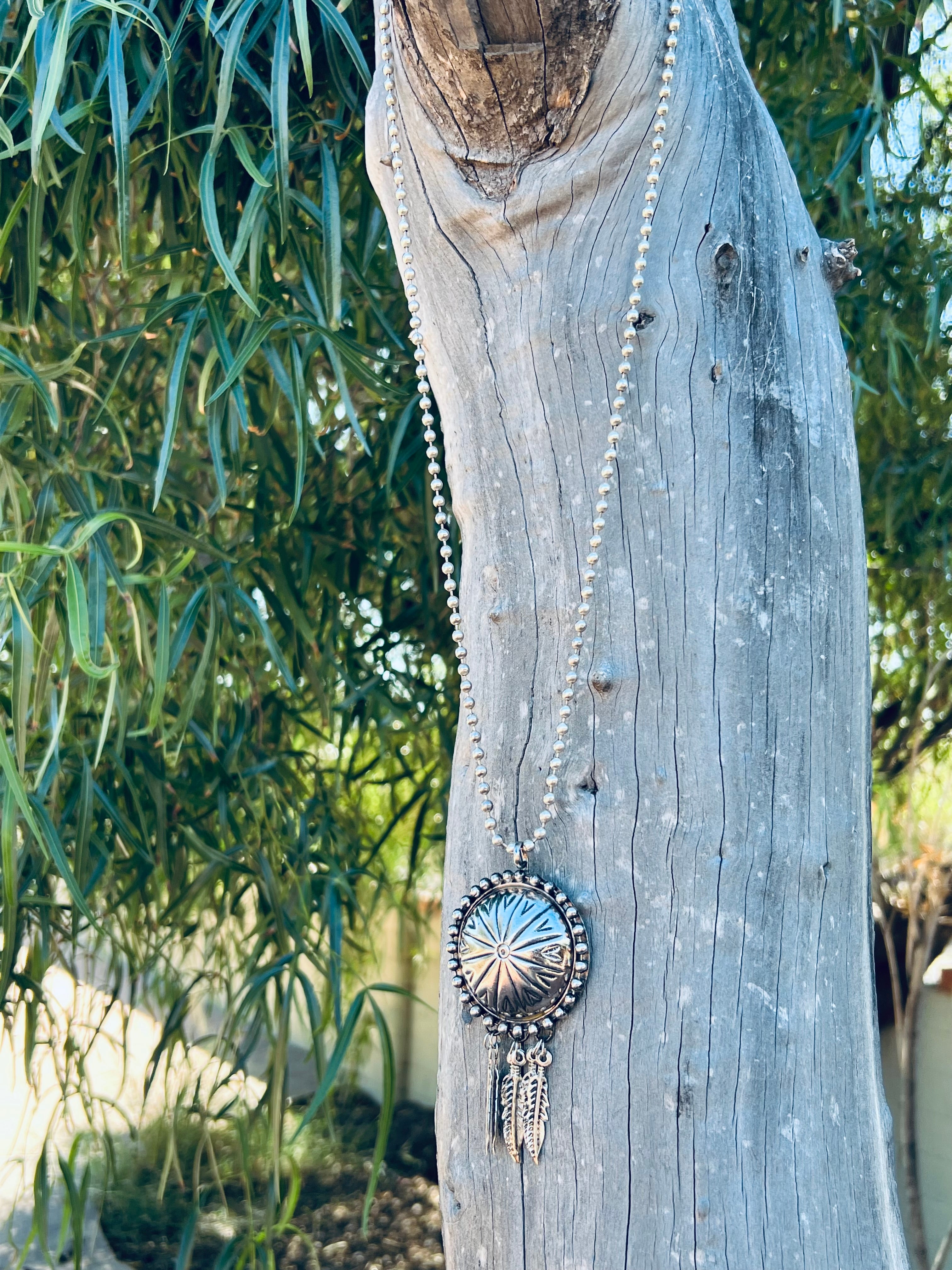 Vintage Silver Engraved Concho Feather Necklace