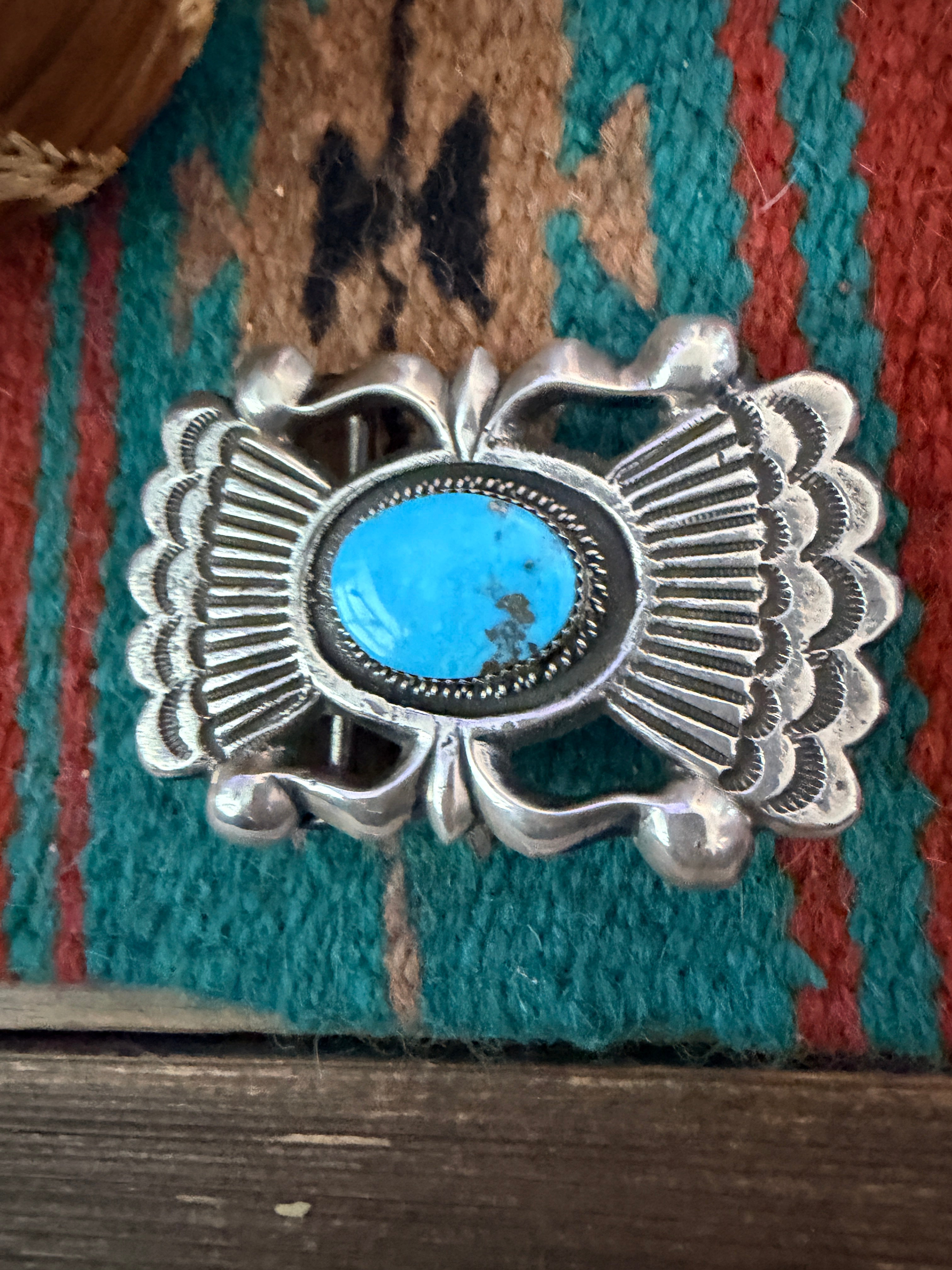 Handcrafted Vintage Old Pawn Sterling Silver and Turquoise Belt Buckle