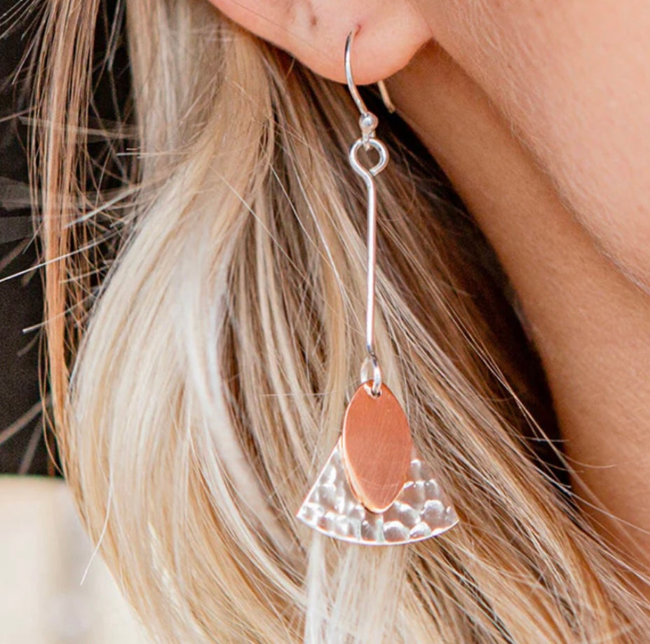 Hammered Copper & Silver Shapes Drop Earrings