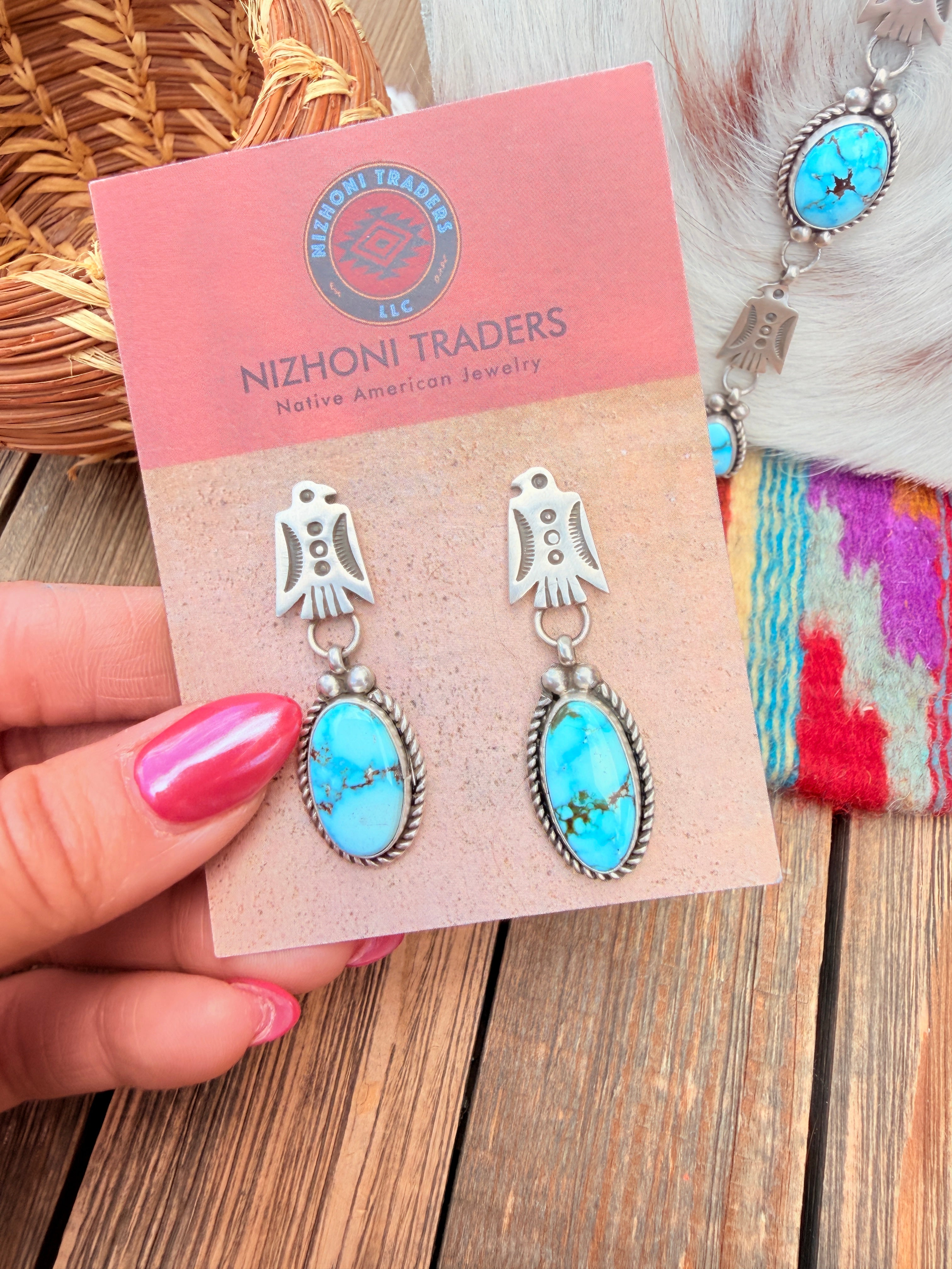 Handcrafted Turquoise & Sterling Silver Thunderbird Necklace and Earring Set by Fred Francis