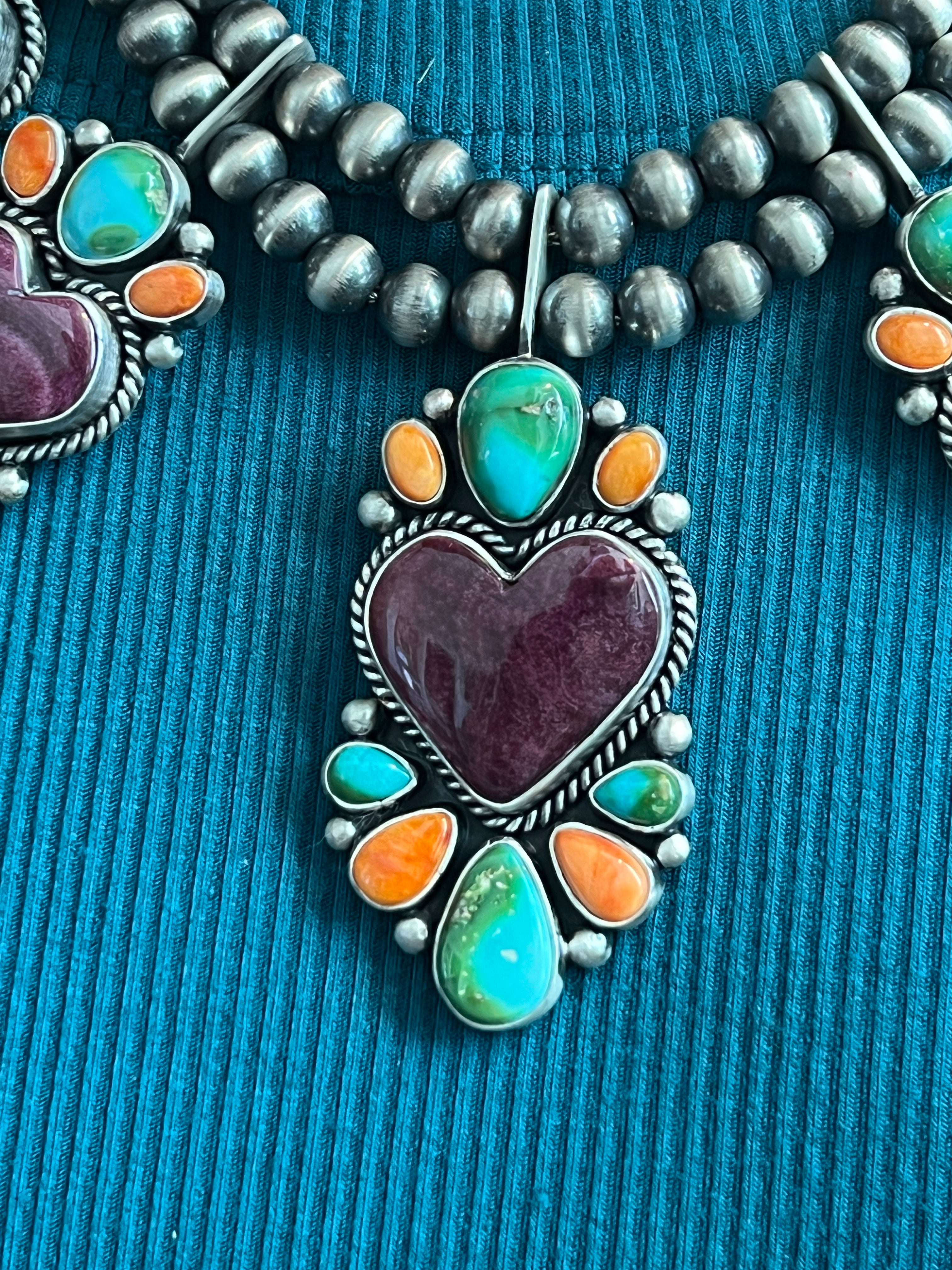 Handcrafted Sterling Silver Electric Rainbow Beaded Heart Cluster Necklace & Earrings Set by Angela Martin