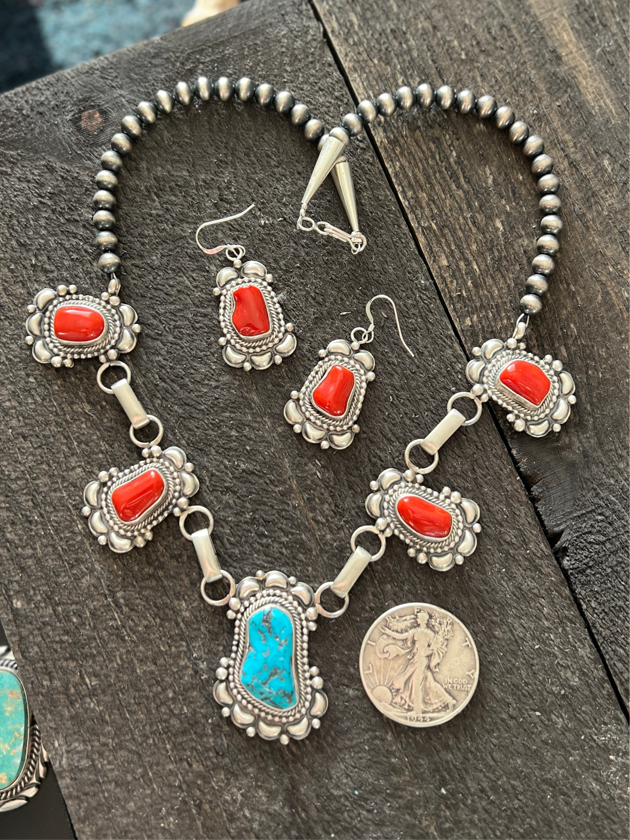 Navajo Sterling Silver, Mediterranean Coral and Sleeping Beauty Turquoise Necklace with Matching Earrings by Tom Lewis
