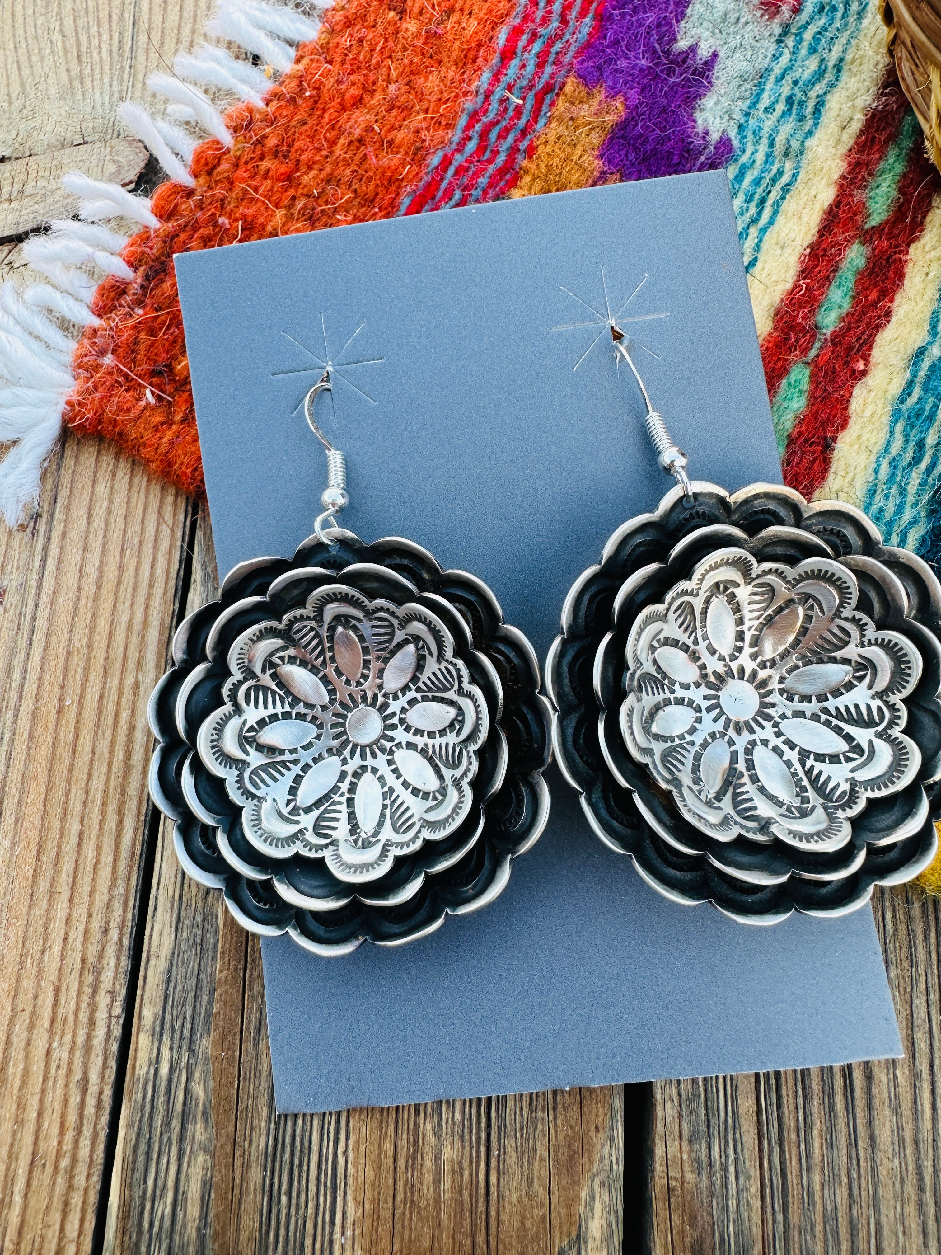 Handcrafted Sterling Silver Concho Dangle Earrings by Leander Tahe