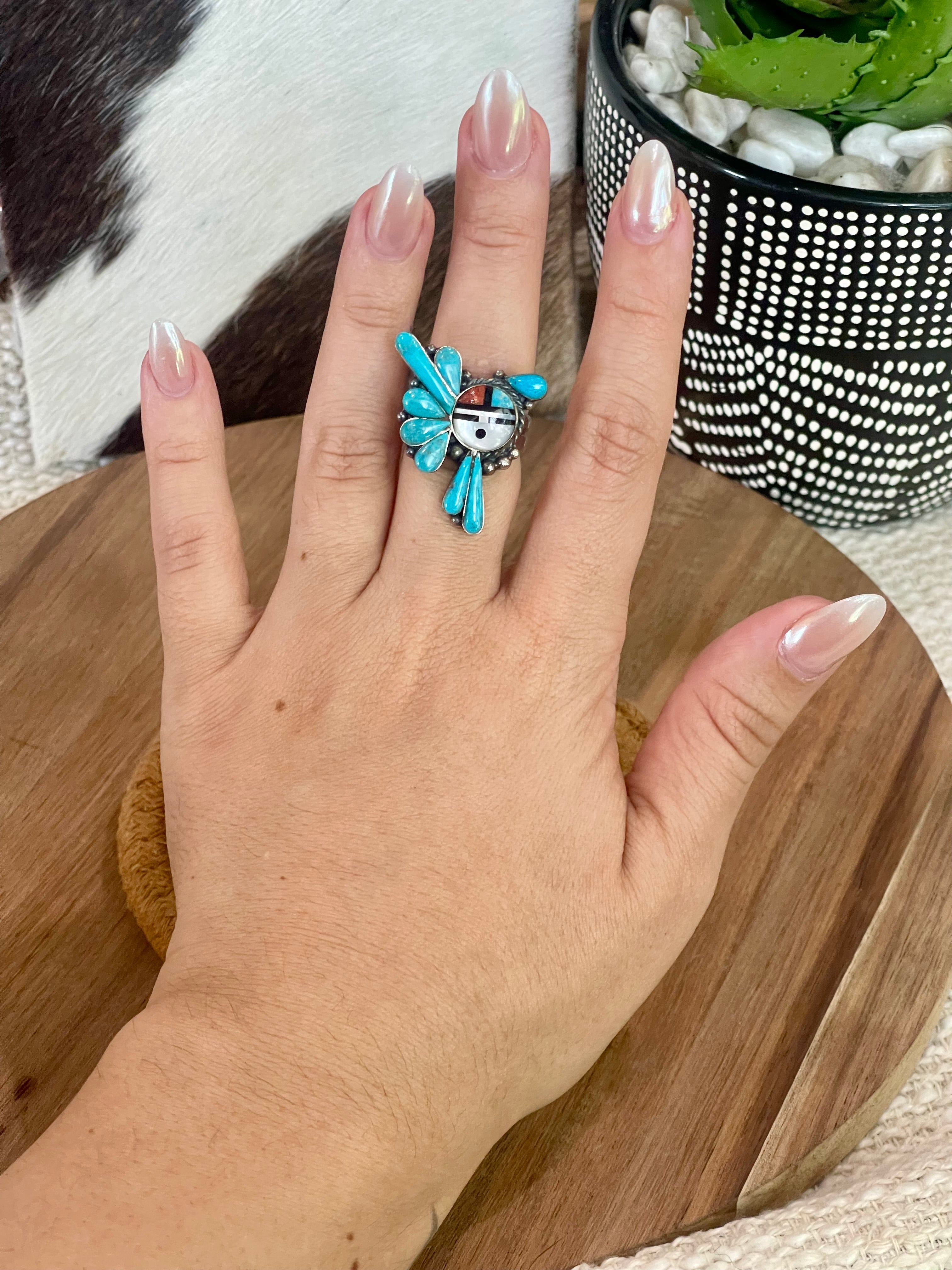 Handmade Sterling Silver, Turquoise & Multi Stone Sunface Adjustable Ring