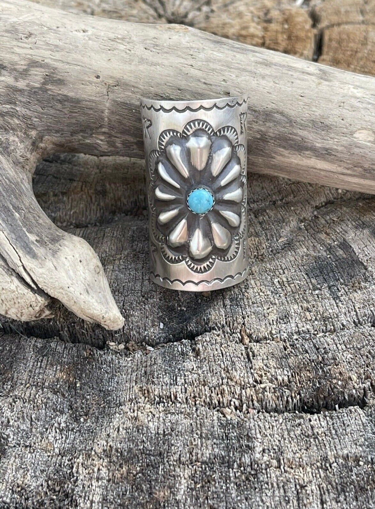 Handcrafted Sterling and Turquoise Southwest Hand Stamped Hair Ponytail / Braid Accessory 2 inch