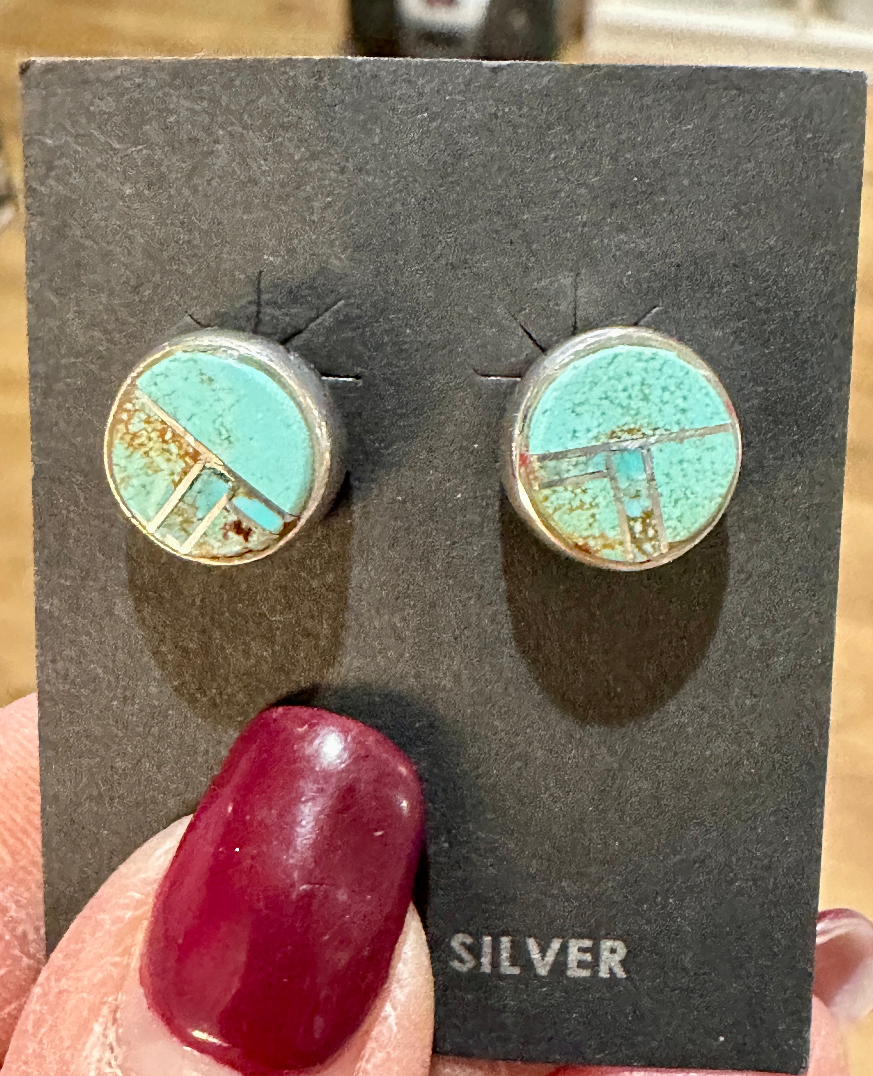 Handcrafted Turquoise & Sterling Silver button Stud Earrings set 1