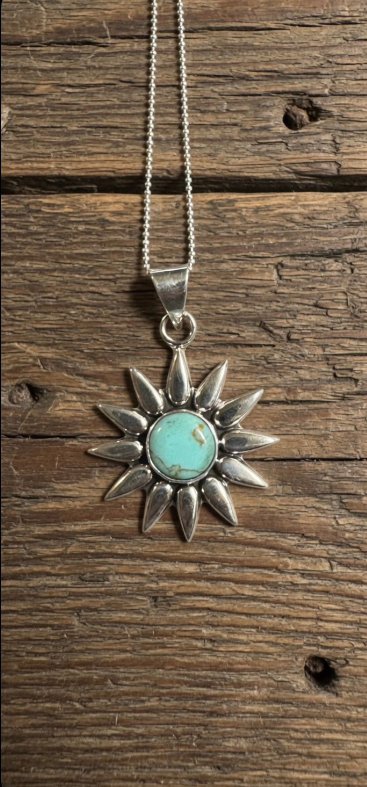 Turquoise Mini Sunburst Flower Pendant & Sterling Silver Necklace