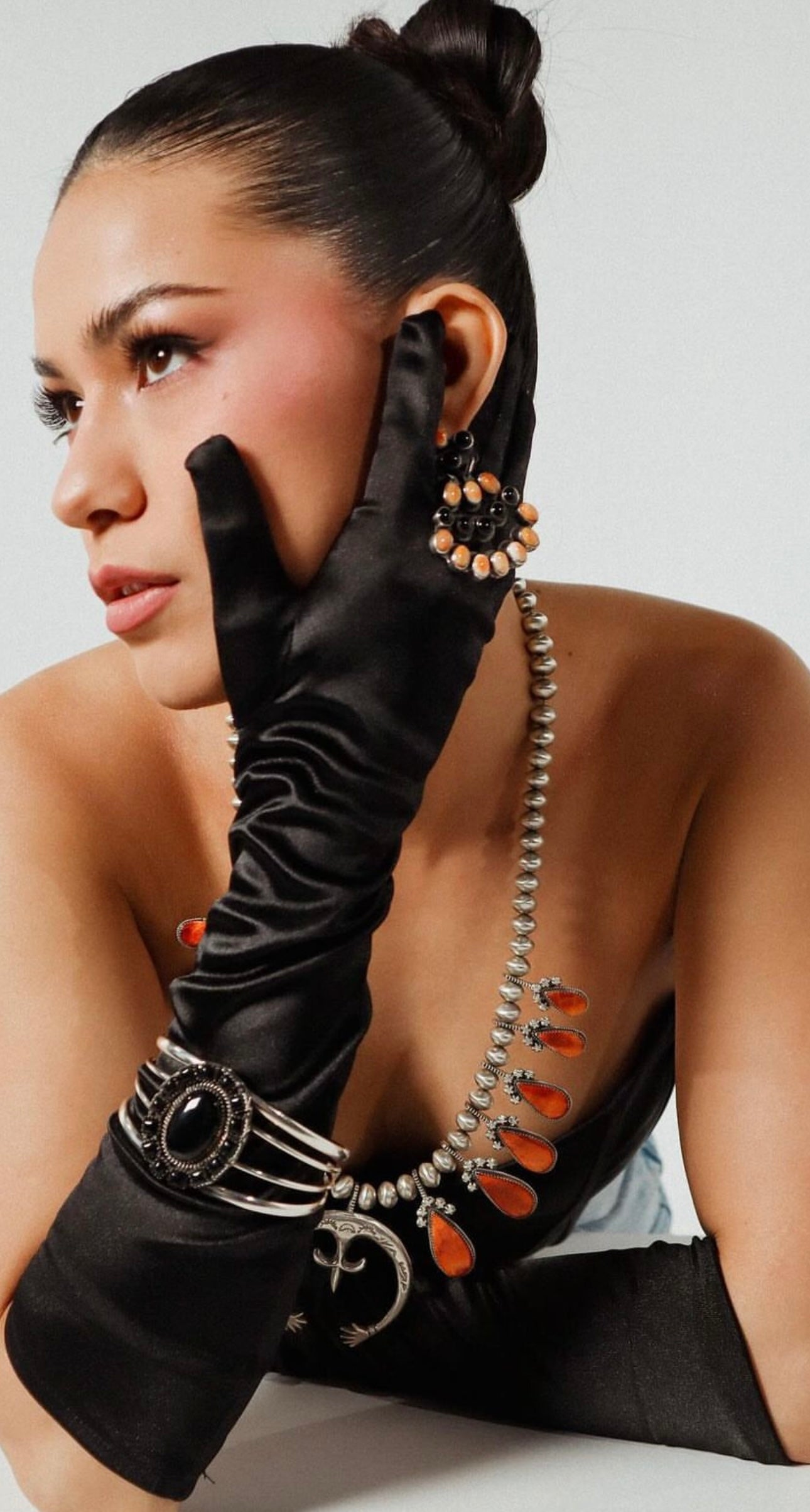 Handcrafted Onyx, Orange Spiny & Sterling Silver Cluster Dangle Earrings