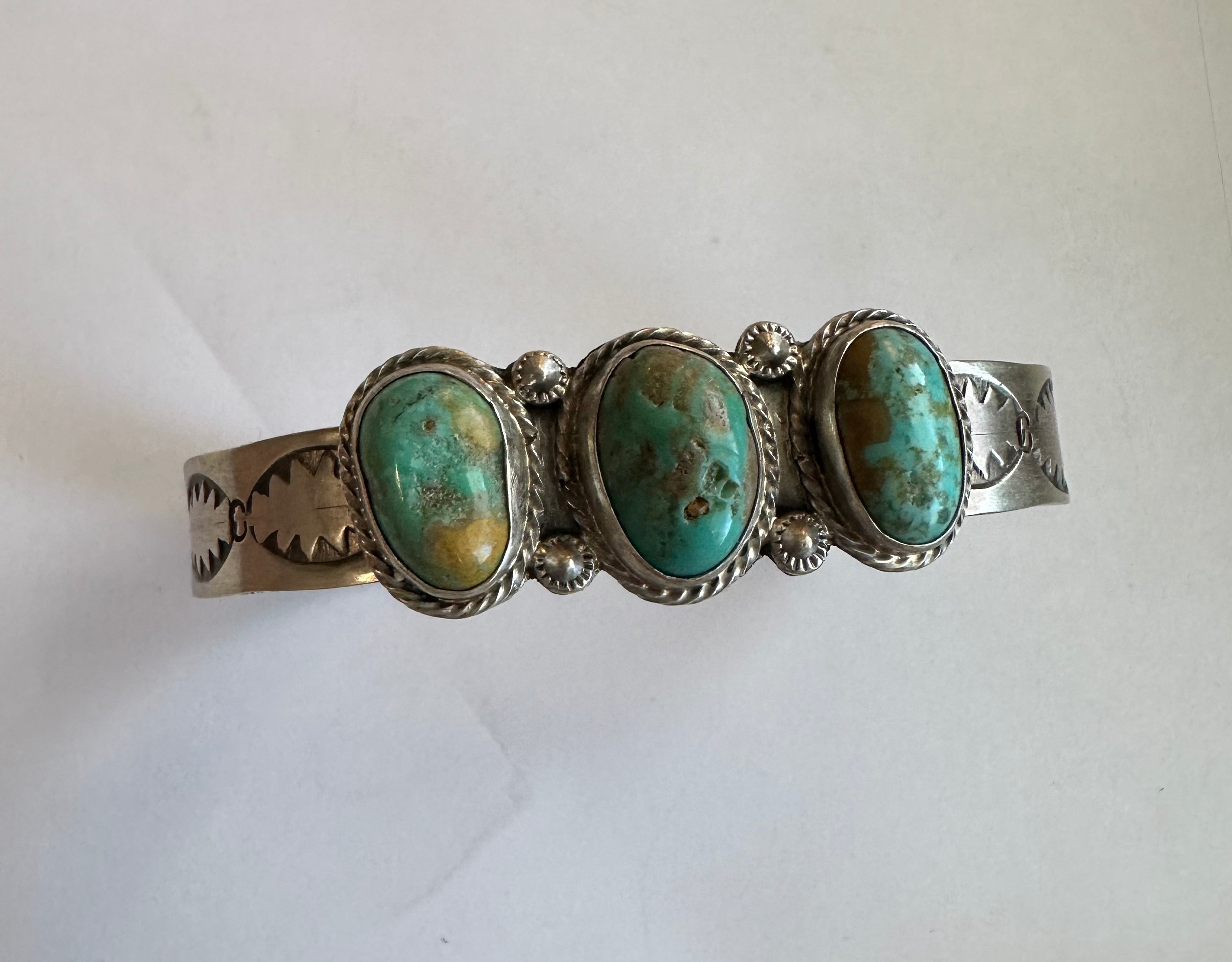 Handcrafted Turquoise & Sterling Silver 3 Stone Adjustable Cuff Bracelet Signed S Cooke