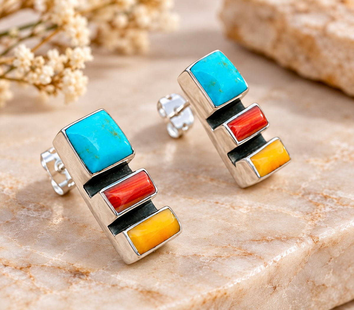 Multistone Mosaic Sterling Silver Earrings