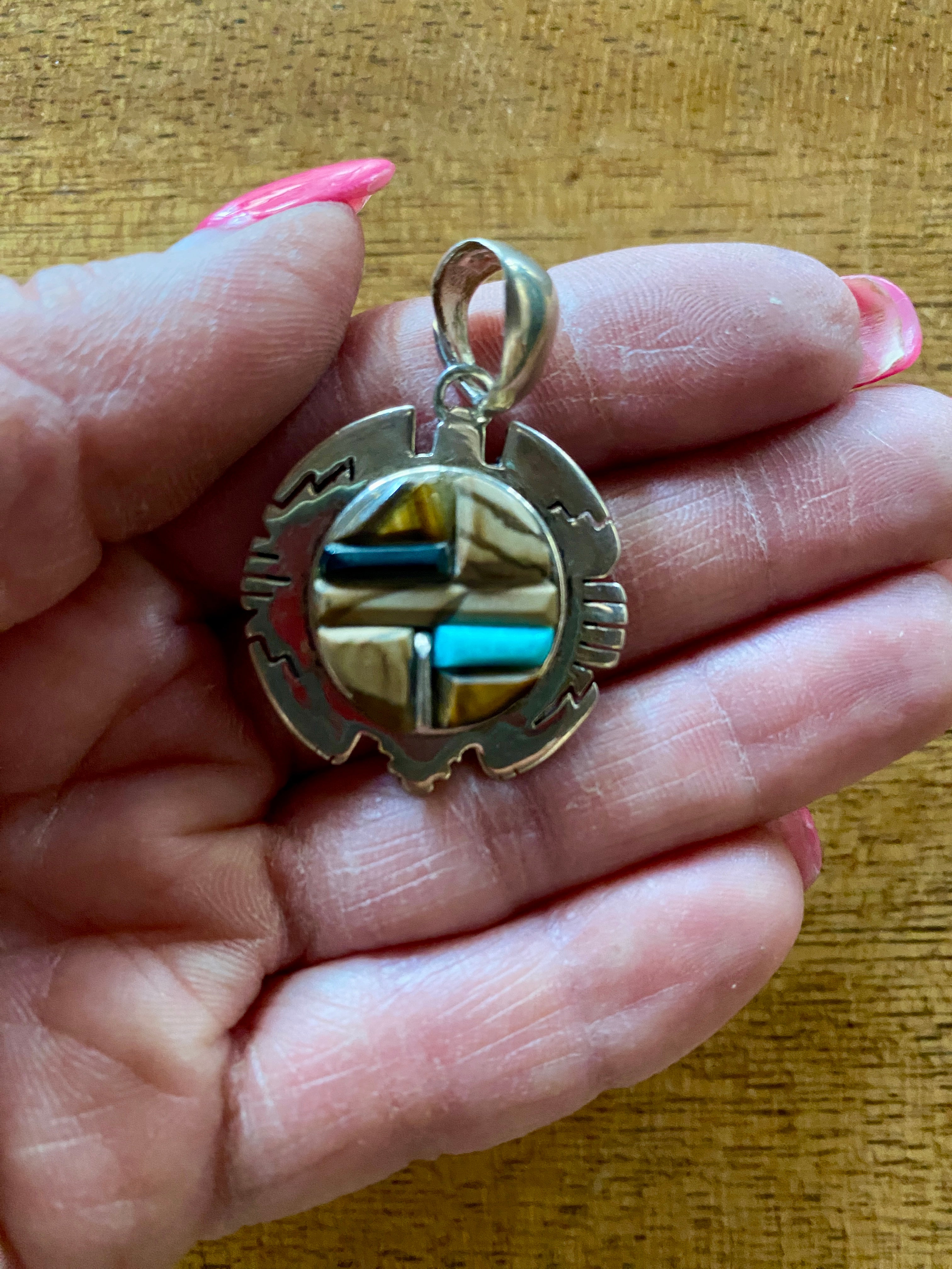 Handcrafted Rolled Inlay Pendant Necklace with Turquoise, Onyx, Coral, Petrified Wood