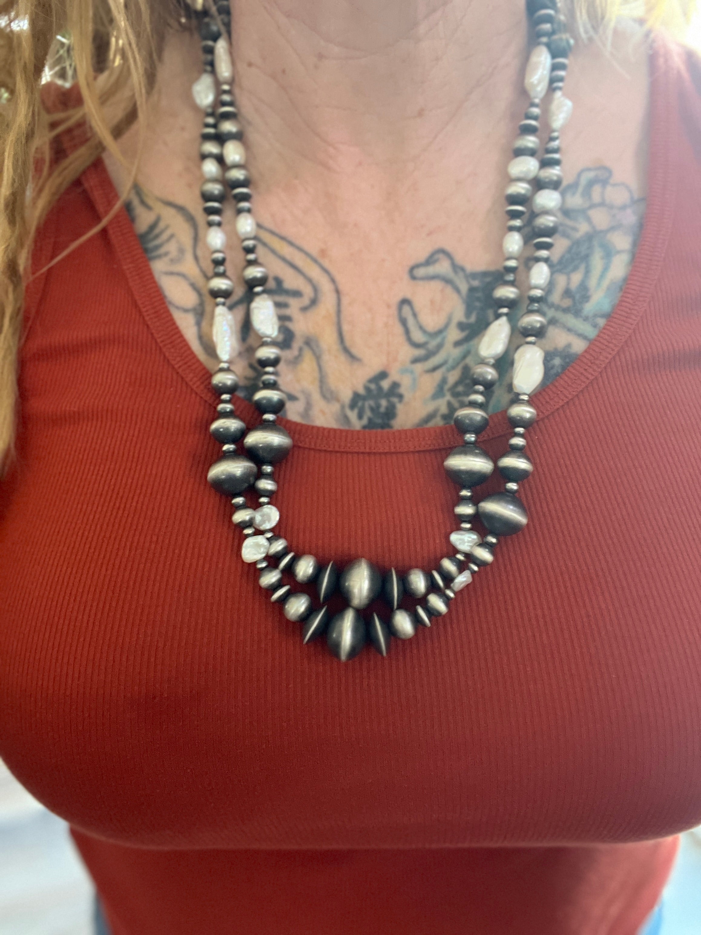 Handcrafted Sterling Silver and Freshwater Pearl Handmade Beaded Necklace by Rose Martin, 26 Inches