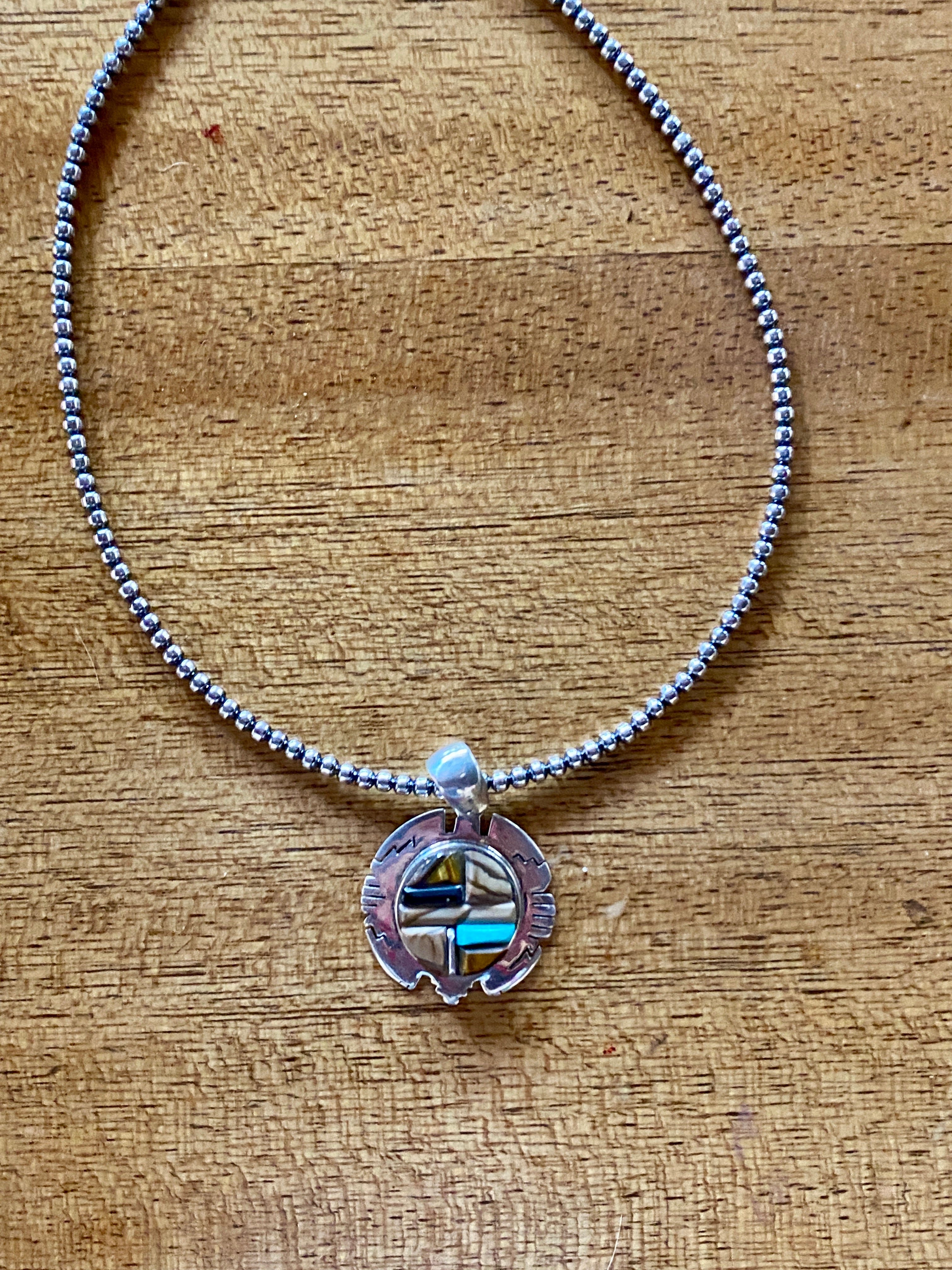 Handcrafted Rolled Inlay Pendant Necklace with Turquoise, Onyx, Coral, Petrified Wood