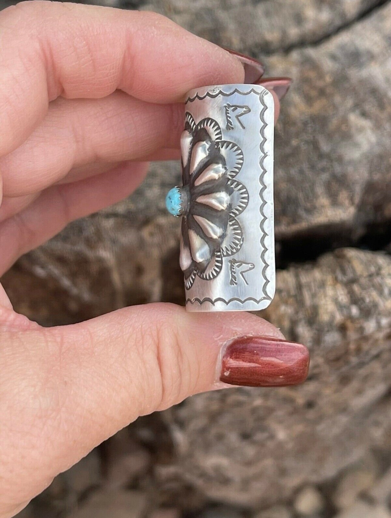 Handcrafted Sterling and Turquoise Southwest Hand Stamped Hair Ponytail / Braid Accessory 2 inch