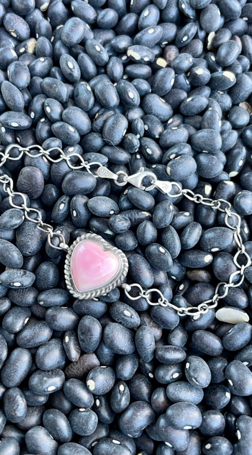 Handcrafted Queen Pink Conch Shell & Sterling Silver Heart Bracelet By P. Skeets