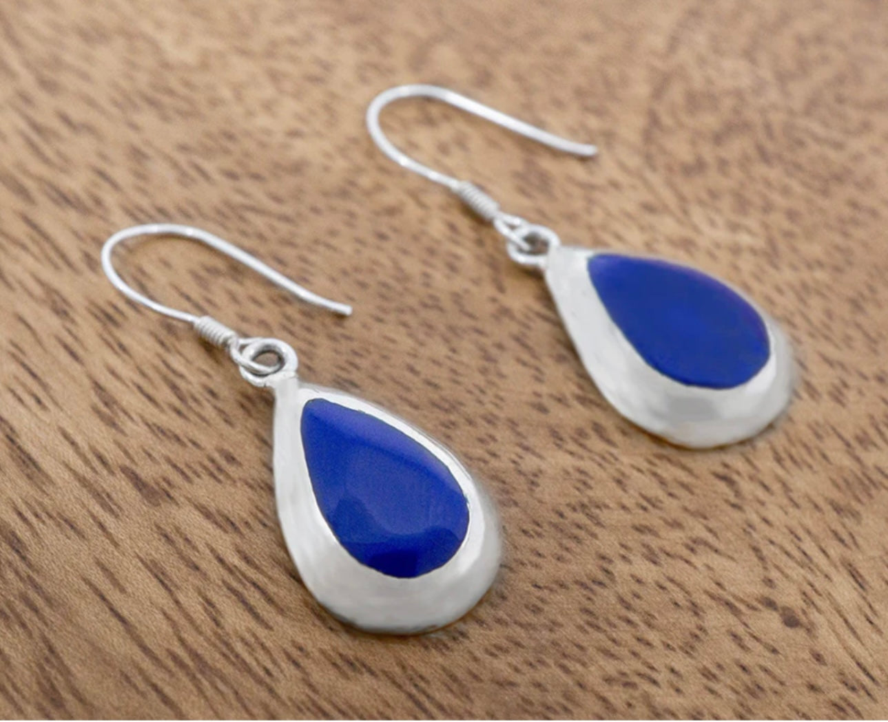 Blue Lapis Teardrop Sterling Silver Hook Earrings