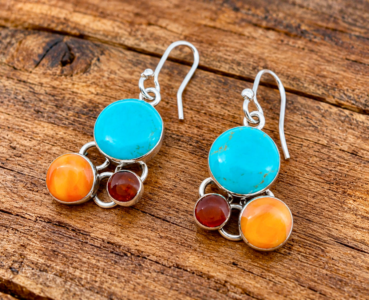 Turquoise, Orange Spiny, Red Coral & Sterling Silver Dangle Earrings