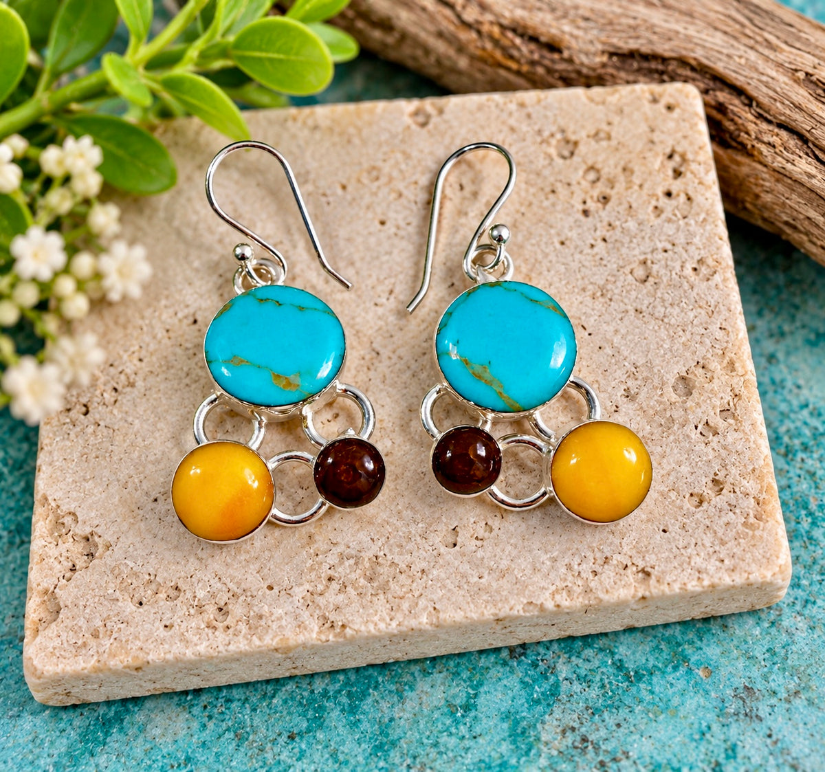 Turquoise, Orange Spiny, Red Coral & Sterling Silver Dangle Earrings